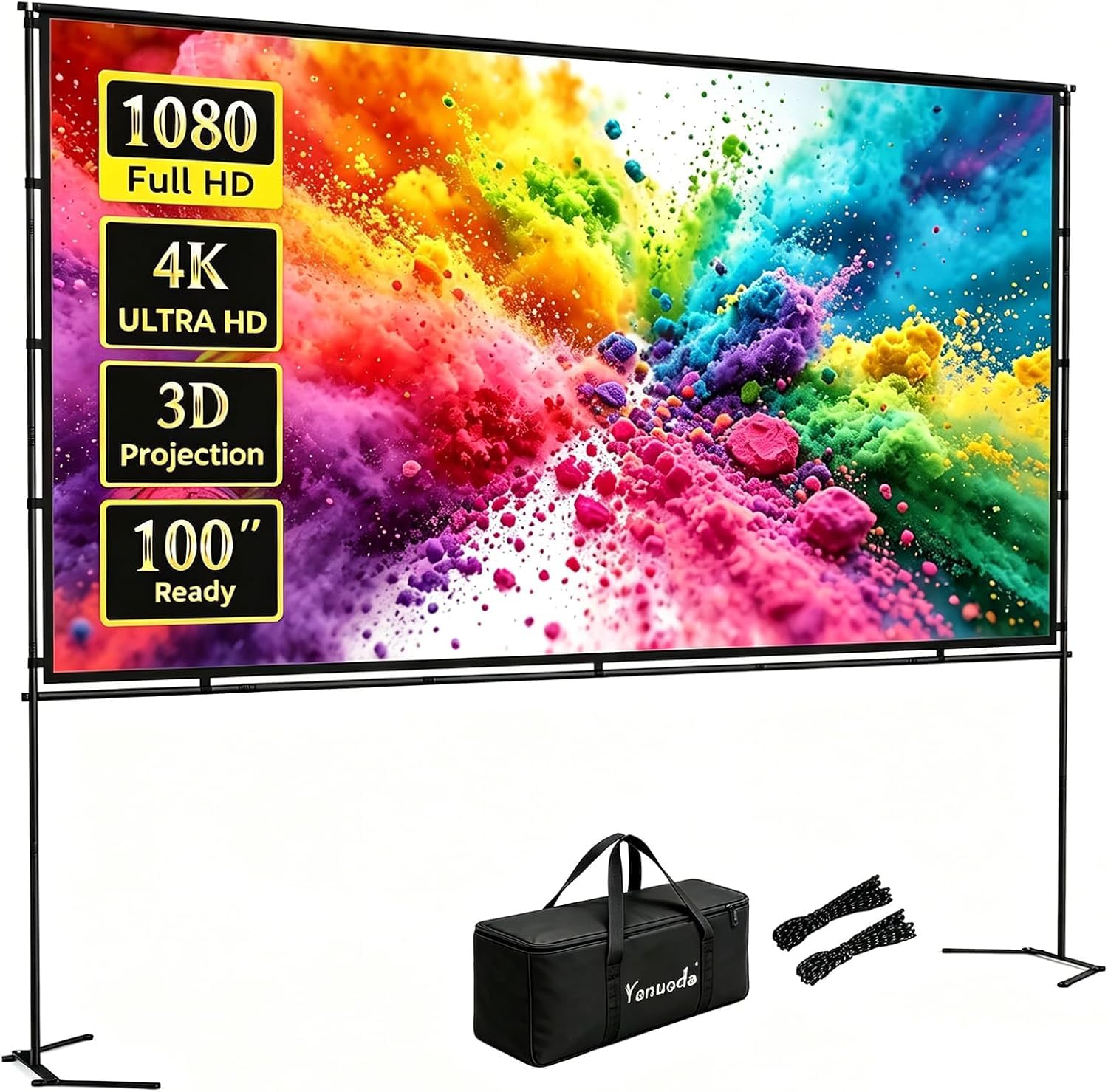 Pantalla de Proyector 100" con Soporte - 4K Ultra HD, 16:9 Sin Arrugas, 160° Visión - para Cine en Casa, Jardín, Camping y Fiestas