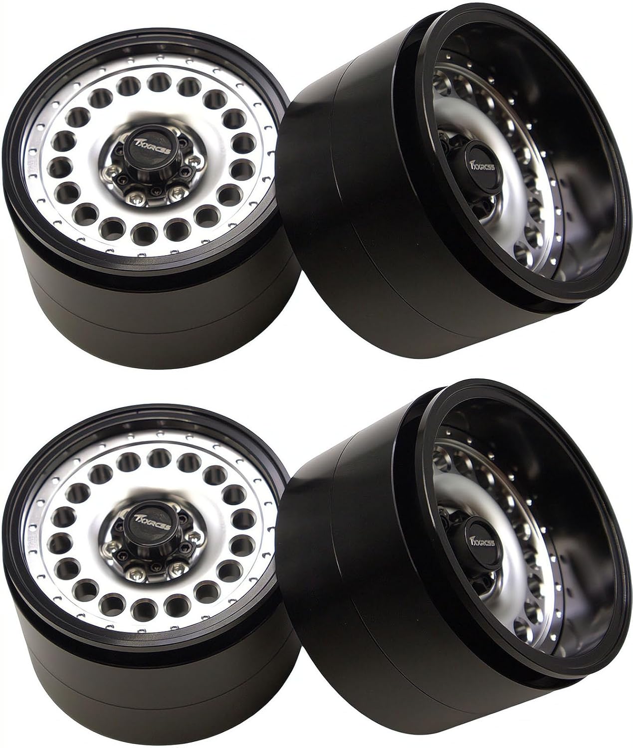 Adjustable 2 Offsets RC 2.2 Beadlock Wheels Rims Hub 1/10 Crawle Wheel Car Aluminum for Upgrades Remote Control SCX10 Capra Wraith Trx4 (4PC) (Bright Black ＆ Silver)