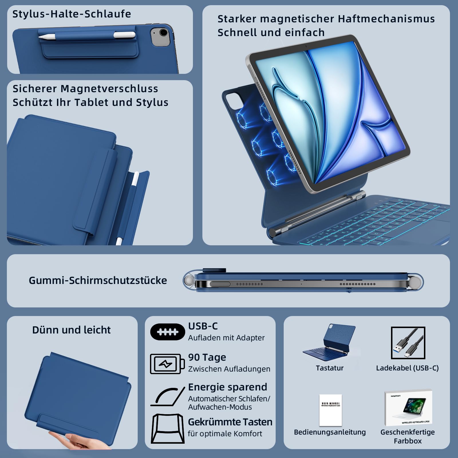 RAYMCRAFT für iPad Air 11 Zoll (M4/M3/M2) & iPad Pro 11 Zoll (4./3./2./1. Gen.) Hülle mit Tastatur, Magic Keyboard für iPad Air 5./4. Gen, 11-Farbig Beleuchtung, Smart Trackpad, Stifthalter, Stahlblau