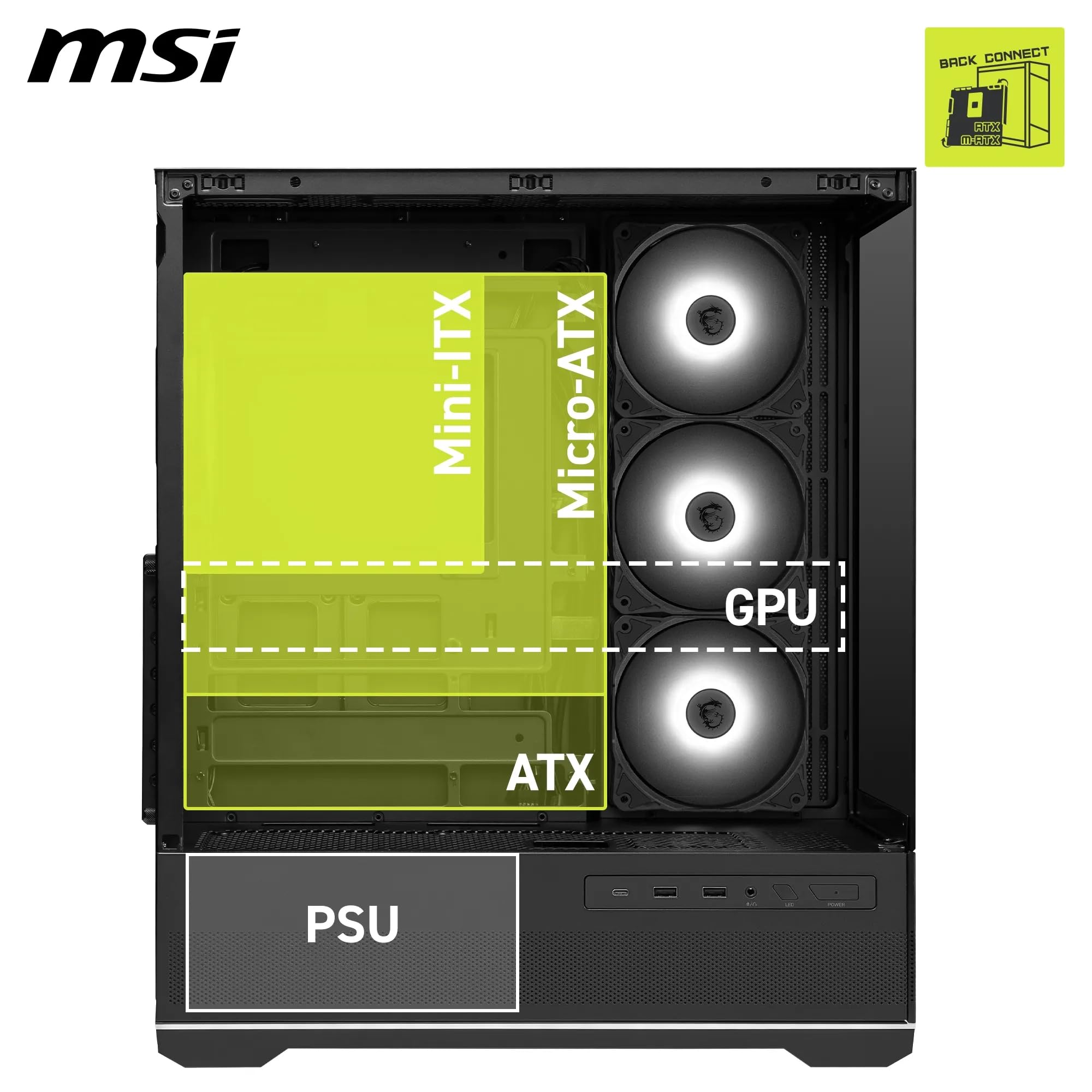 MSI MAG PANO 110R PZ - Mid-tower Gaming PC Case - Obsługuje GPU do 400 mm długości, zdejmowane filtry kurzu, USB 20 Gb/s (typ C), tylne połączenie ATX i Micro-ATX obsługa płyty głównej