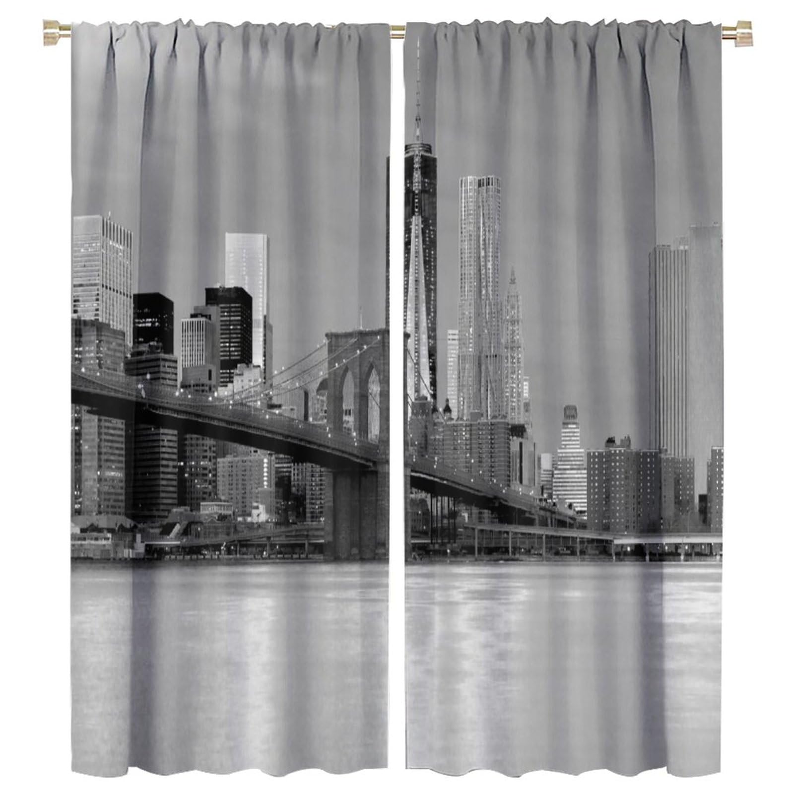 Modern Blackout Window Curtains, Brooklyn Bridge Sunset Manhattan American New York City Famous Town for Living Rooms and Bedrooms Drapes 2 Panels 55x63in