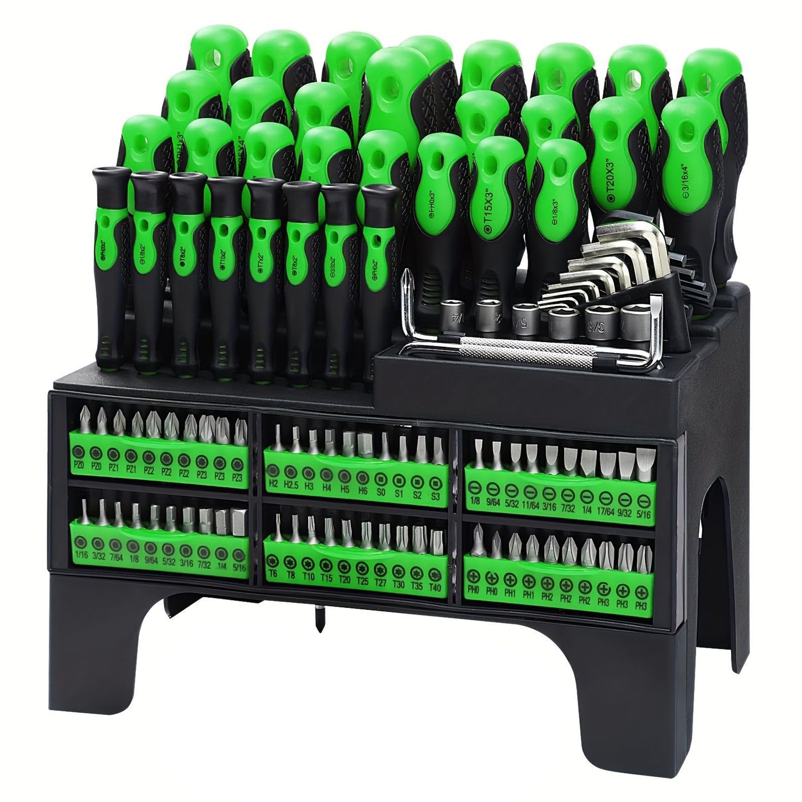 Set di 118 cacciaviti magnetici, resistenti in acciaio al cromo vanadio, testa ergonomica, impugnatura morbida, utensili manuali con scaffalature in plastica, per riparazioni domestiche fai da te