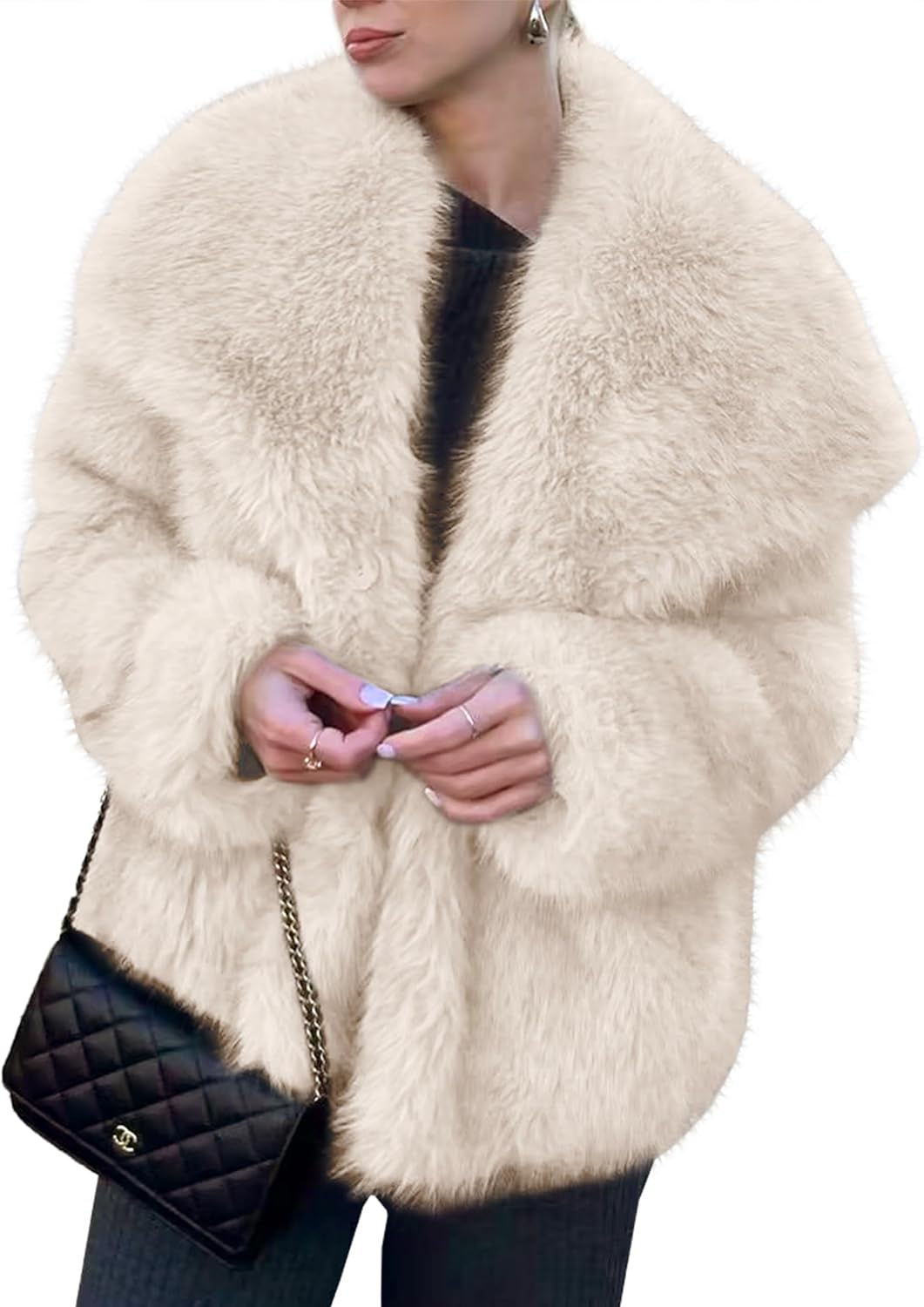 Simplee Womens Faux Fur Coat Long Sleeve Fluffy Lapel Shaggy Jacket Winter Casual Warm Fuzzy Short Outerwear