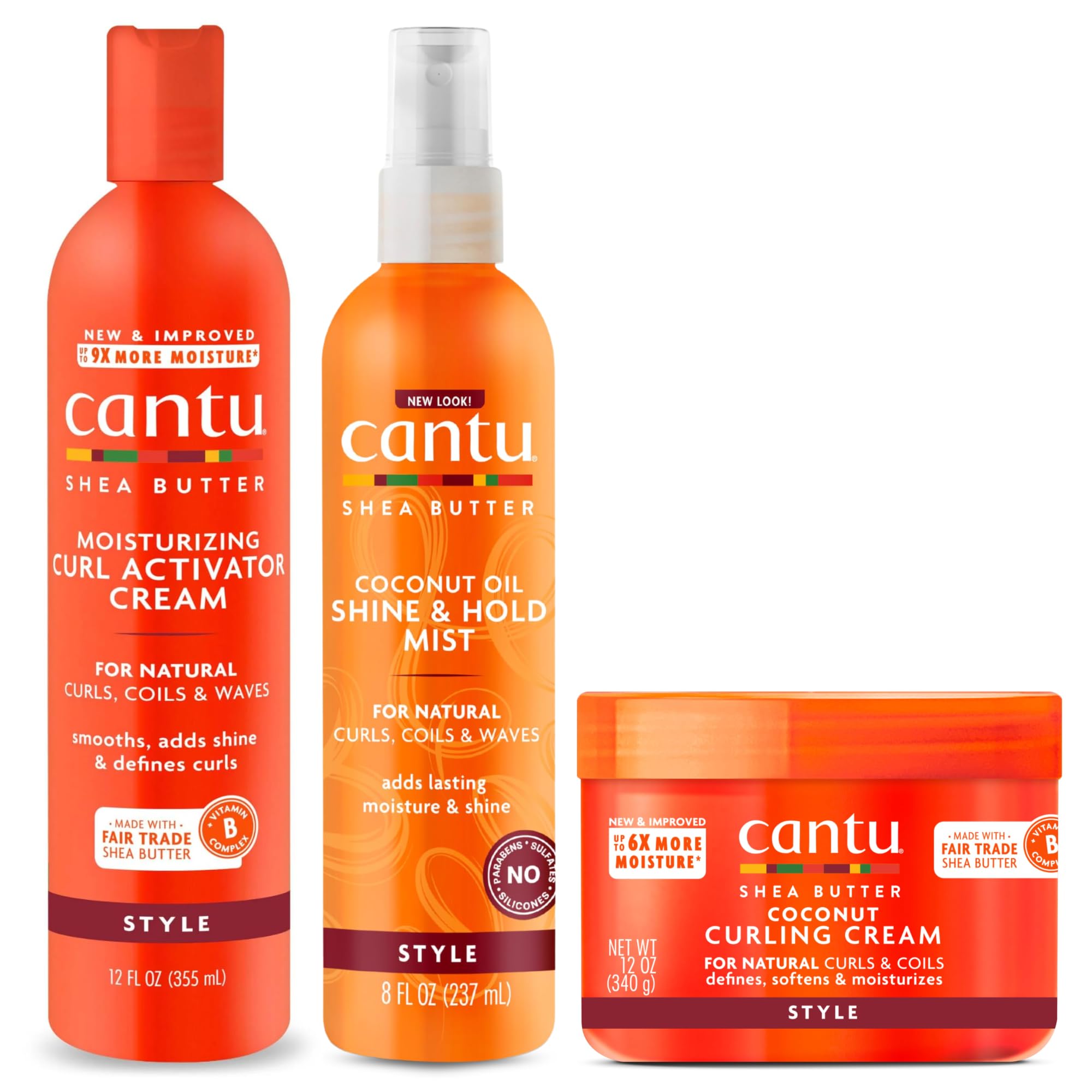 Crema Attivatore Idratante Curu Cantu 355ml, Cocount Oil Shine & Hold Mist 237ml con Crema Curling al Cocco 340g TRIO BUNDLE