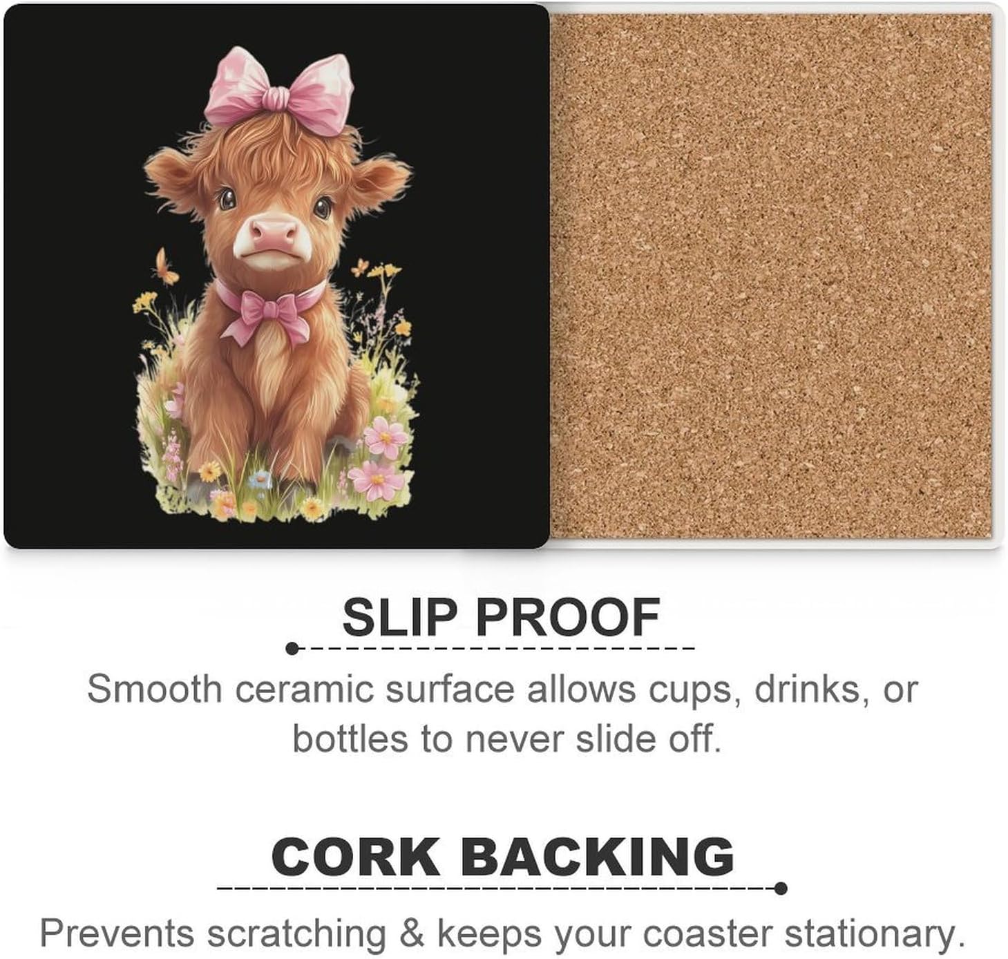 Cute Highland Cow Funny Ceramic Coasters for Drinks Absorbent Cup Holder Tabletop Protector with Cork Base