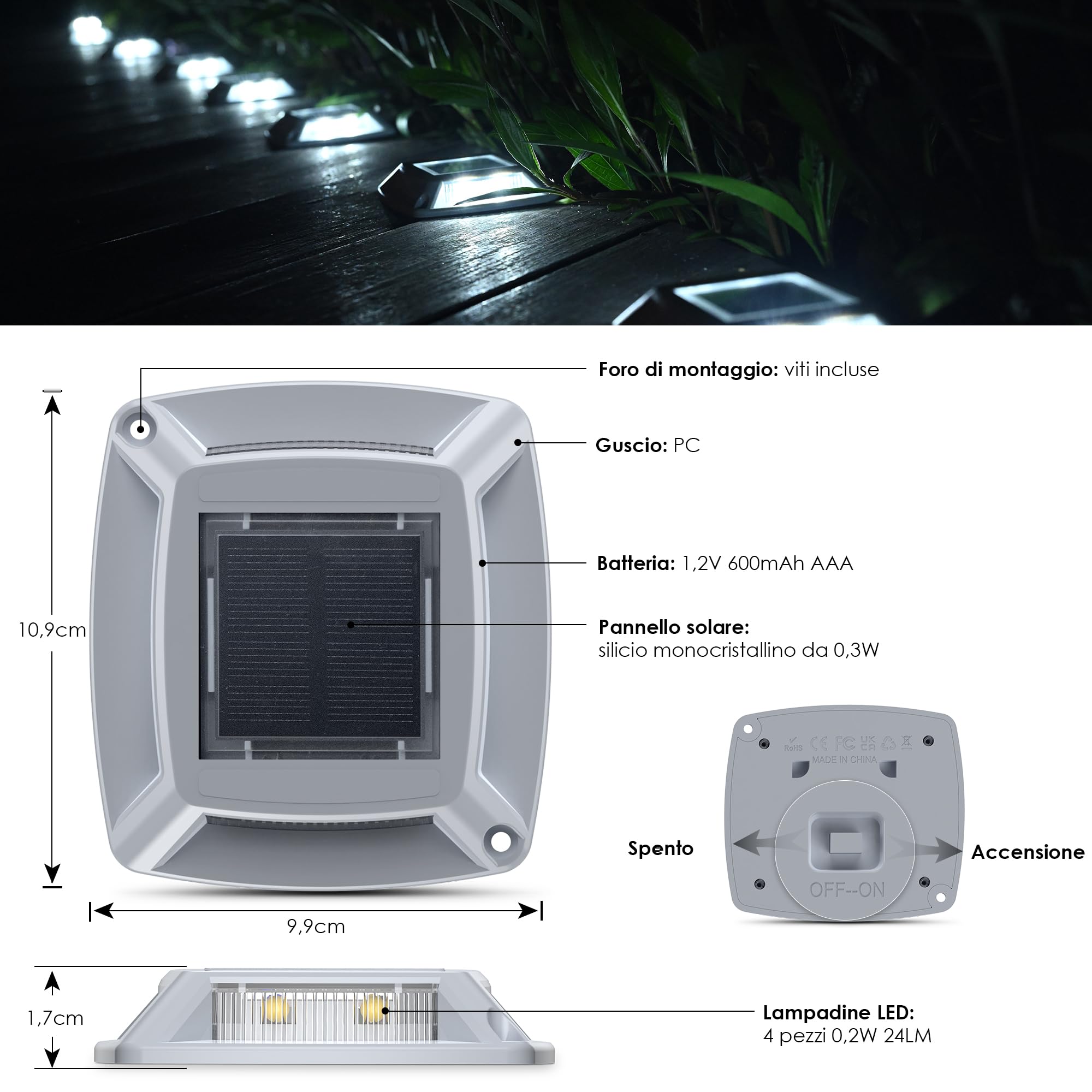 Luci Solari Esterno 2 Articoli Segnapasso LED Esterno Impermeabile IP68 Lampione Solare Bianco Faretti Giardino Solari 24LM Luci LED Solari da Esterno Giardino per Terra, Scale e Piscina
