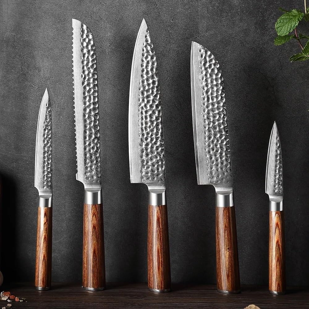 Kitchen Knife Sets, 5PCS Damascus Steel Kitchen Knife Japanese Santoku Chef Knife Sharp Utility Paring Fruit Knife Wooden Handle