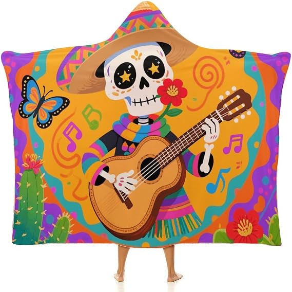Sugar Skull Wearable Blanket Hoodie Oversized Hooded Blanket Cape Soft Arctic Velvet Loungewear