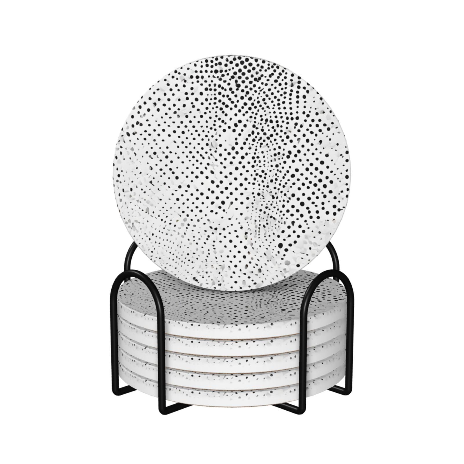 Dessous de verre en céramique pour bar et café, lot de 6 supports ronds à pois noir et blanc