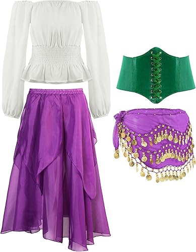 Tarpop 4 piezas de disfraz gitano de Halloween para mujer, disfraz de pirata de bailarina del vientre, renacentista medieval
