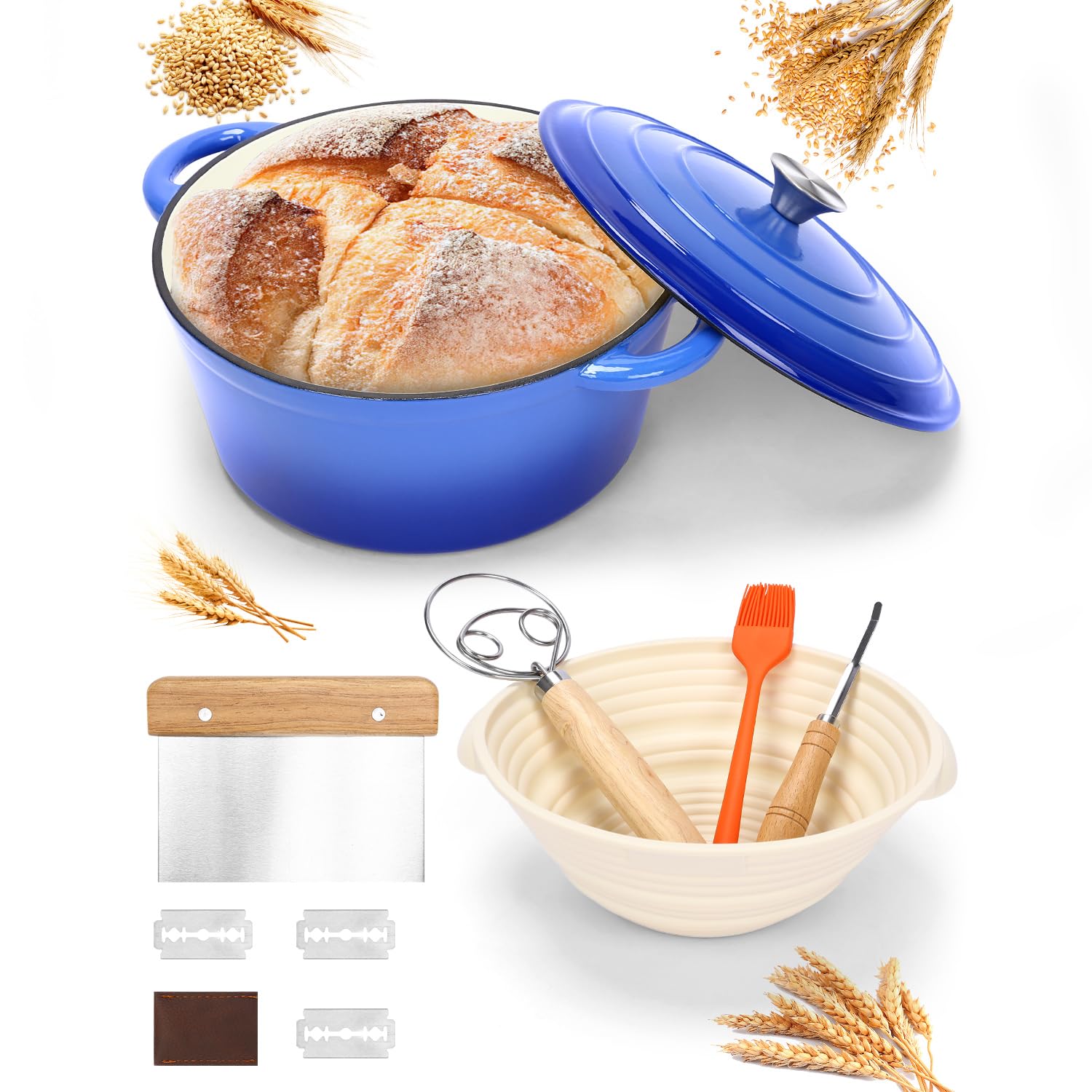 Żeliwny garnek do pieczenia chleba, żeliwny garnek z pokrywką, Dutch Oven garnek do pieczenia chleba z koszem fermentacyjnym, mikserem do ciasta, forma do duszenia, smażenia, zakwasu, zestaw startowy