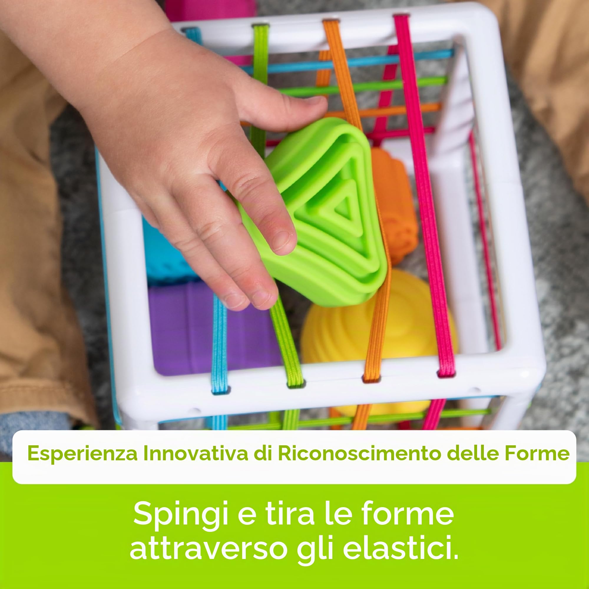 Fat Brain Toys InnyBin, cubo sensoriale educativo con 6 Forme Colorate da Inserire tra Gli Elastici a diversa Trama, sviluppa Causa e Effetto, Le abilità motorie e Il Senso Logico, Adatto dai 10 Mesi