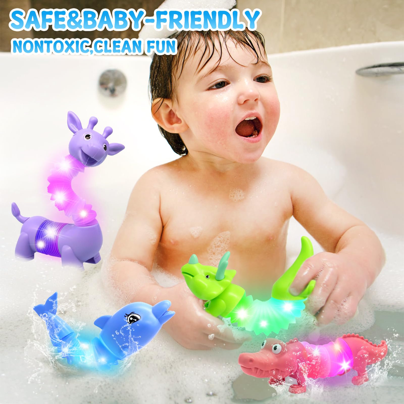 2025 Upgraded Baby Bath Toys,Educational Light Up Bath Toys for Kids 1-3, 4 Pcs Light Up Floating ,Stress Relief, Toddler Newborn Birthday Easter Baby Gifts
