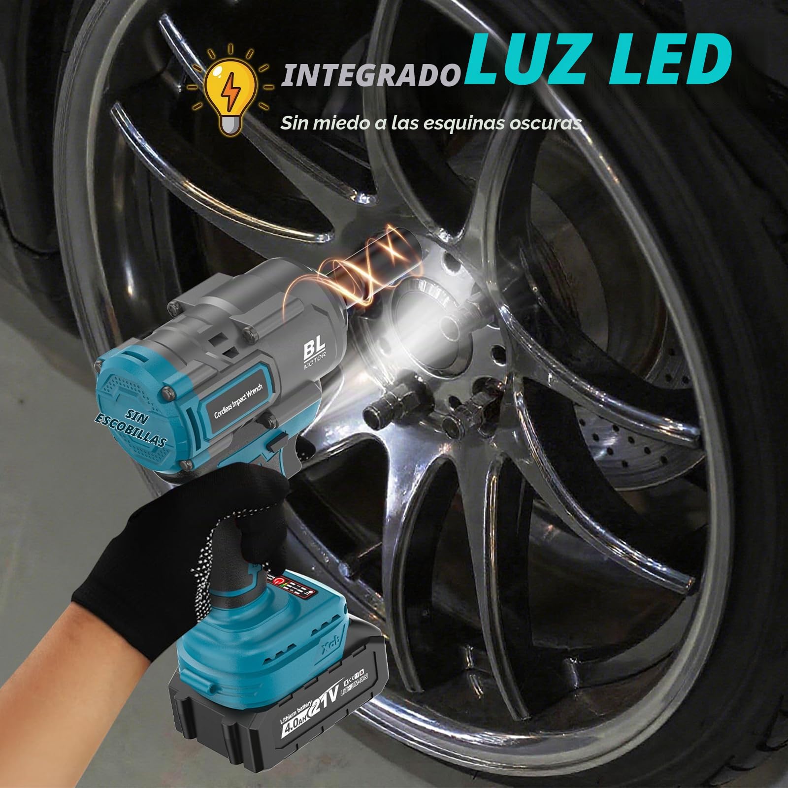 1200Nm Llave de Impacto a Bateria Inalámbrica, 1/2 Pistola de Impacto Bateria con dos baterías de 4000 mAh, Cargador Rápido, 5 Llaves de vaso, Pistola impacto para neumáticos de coche