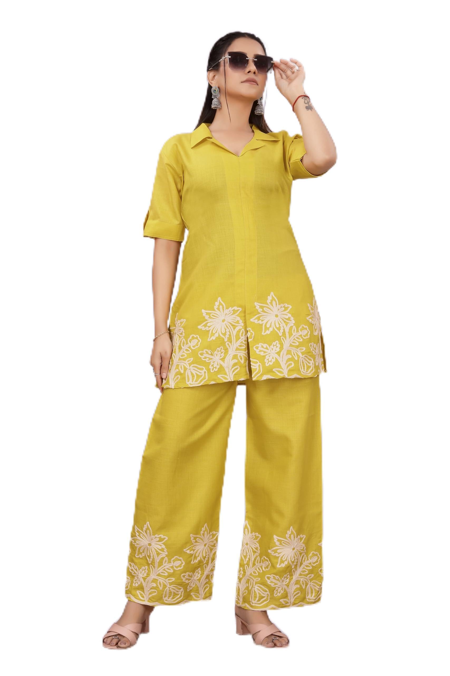 Women's Floral Embroidered Co-ord Set, Shirt Top with Palazzo Pants, Ethnic Wear-picture-47