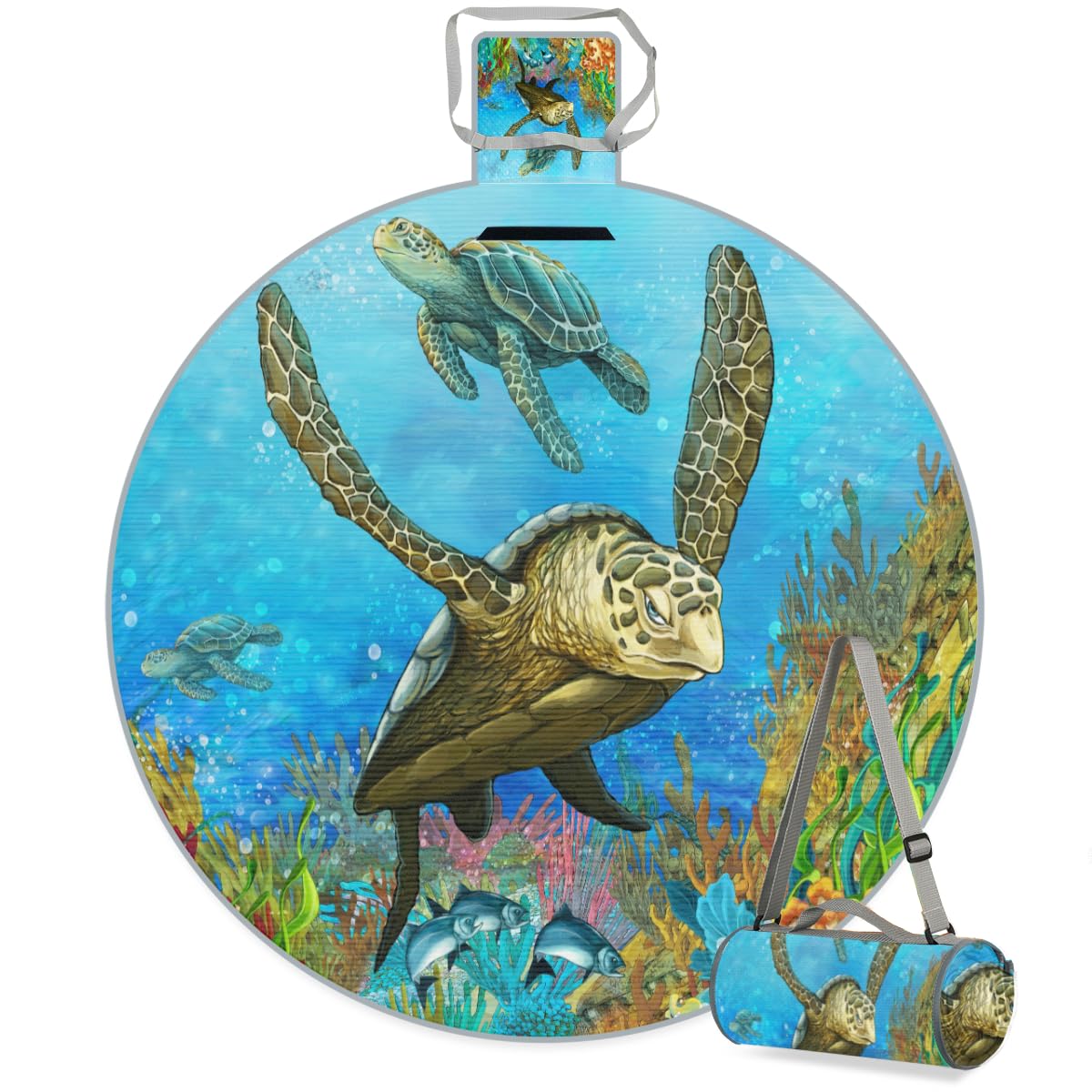 Shimoshe Art Turtle Picnic Outdoor Blanket Foldable Waterproof Sandproof Beach Blanket Portable Water-Resistant Round Picnic Mat for Travel Camping Park Lawn