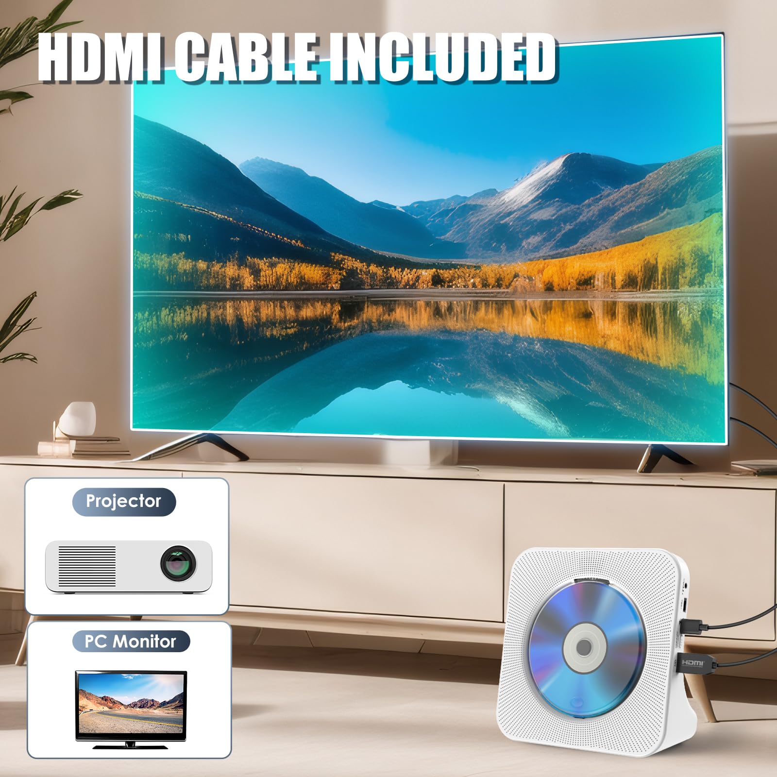 Gueray Lettore DVD per TV Lettore DVD/CD da Tavolo per la Casa con Altoparlanti Bluetooth Display Sveglia Radio FM con Lettore CD Riproduzione di Schede USB Include Telecomando HDMI Cavo(Bianco)