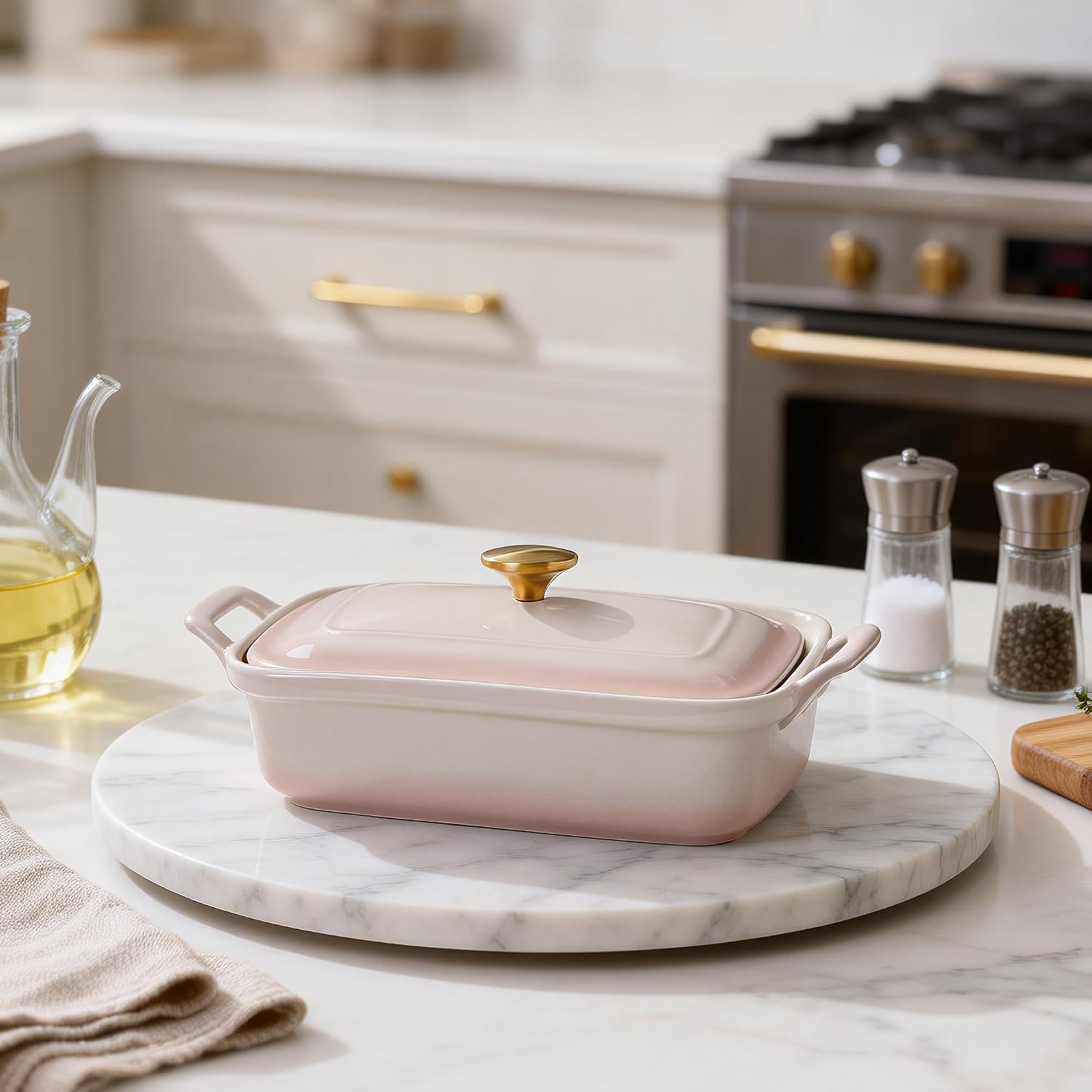 Stoneware Casserole Dish with Lid – 2.5 Qt Covered Baking Dish Bakeware for Oven, Deep Rectangular Lasagna Pan with Handles – Blush Pink