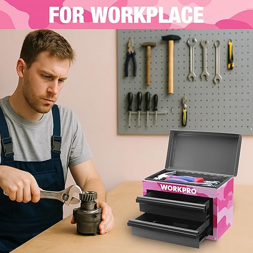 Miniatura 8 de WORKPRO Mini caja de herramientas de metal, caja de herramientas superior que contiene dos cajones con deslizadores de rodamientos de bolas, forros