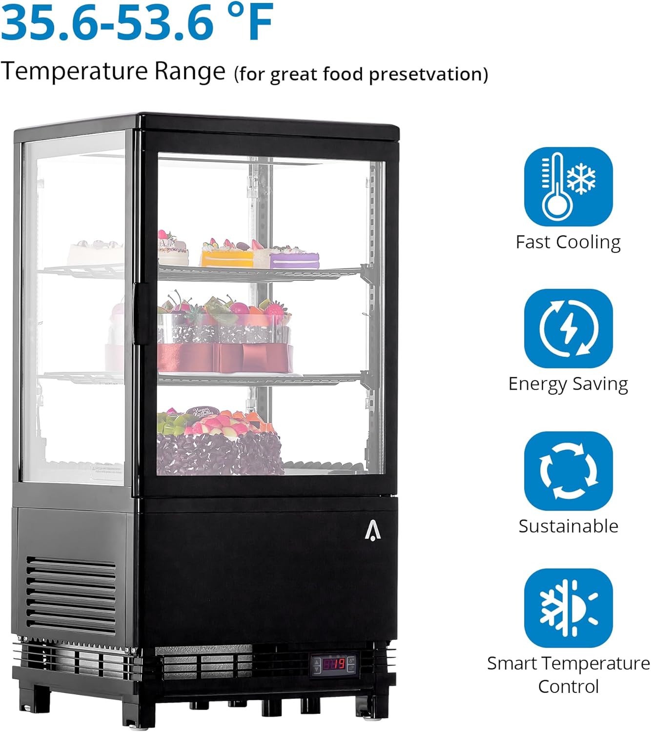 Commercial Pastry Display Refrigerator, 2.0 Cu.Ft Countertop Refrigerated Case with LED Light, Air Cooling, Rear Sliding Doors, Adjustable Shelves for Cake, Dessert, Bakery, Cafe