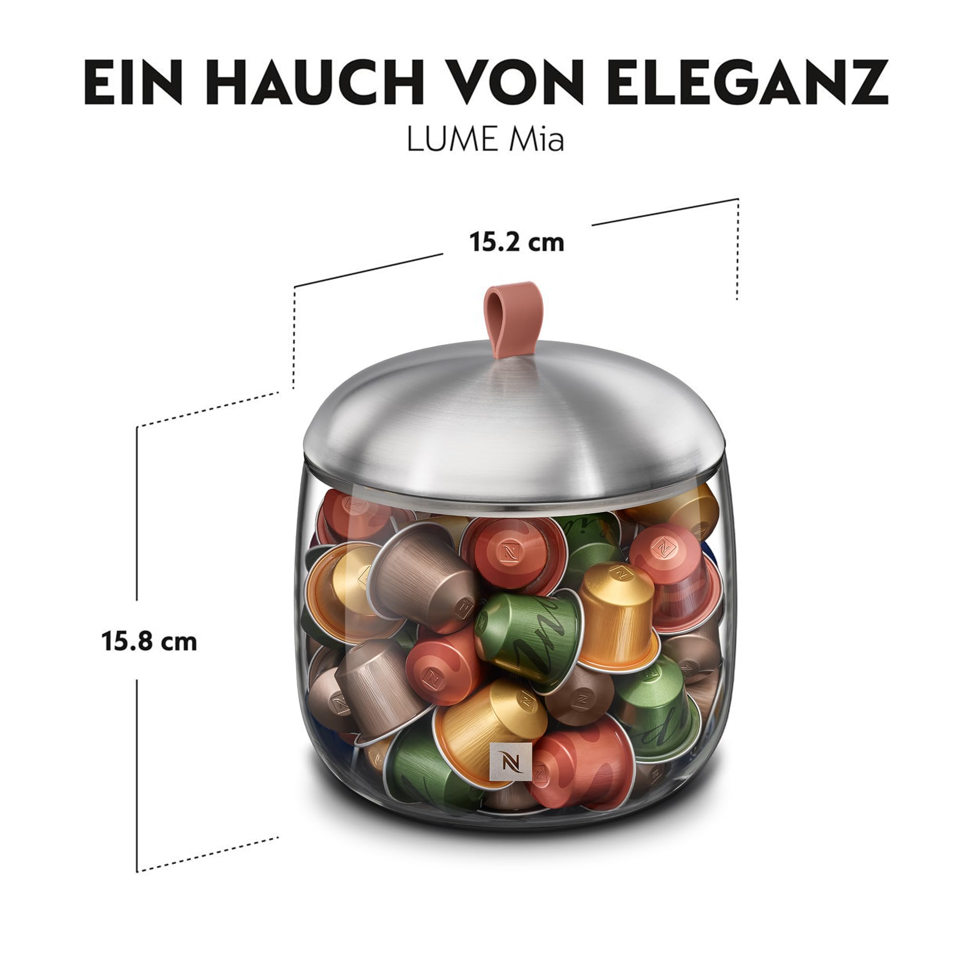 NESPRESSO Lume Mia Kapselbehälter Medium | Schale aus Glas & Edelstahl, Elegante Aufbewahrung für ca. 60 ORIGINAL oder 30 VERTUO Kapseln