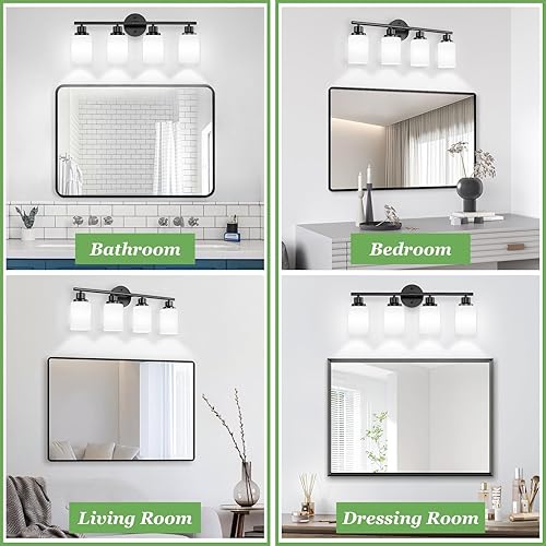 Miniatura 7 de Lámparas de baño de 4 luces, luces negras de tocador para espejo con pantalla de vidrio blanco lechoso texturizado, lámpara de pared moderna para