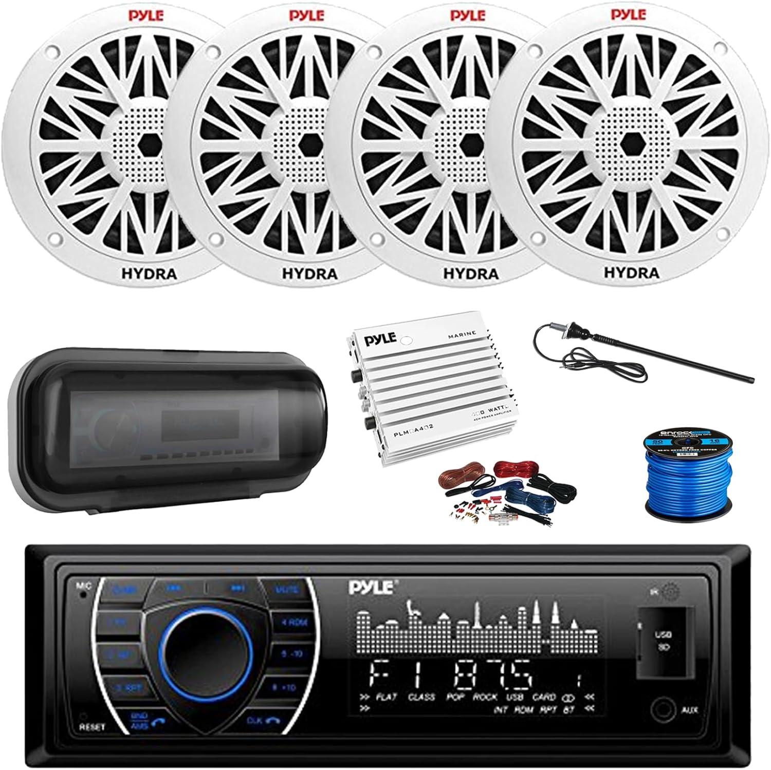 Pyle PLRMR27BTB Marine Bluetooth MP3 Radio Receiver, Cover, 4-Channel Amplifier w/Kit, 4x 6.5" 200 Watt Peak Full Range 2-Way Waterproof Speakers w/Wire, Long Range Radio Antenna
