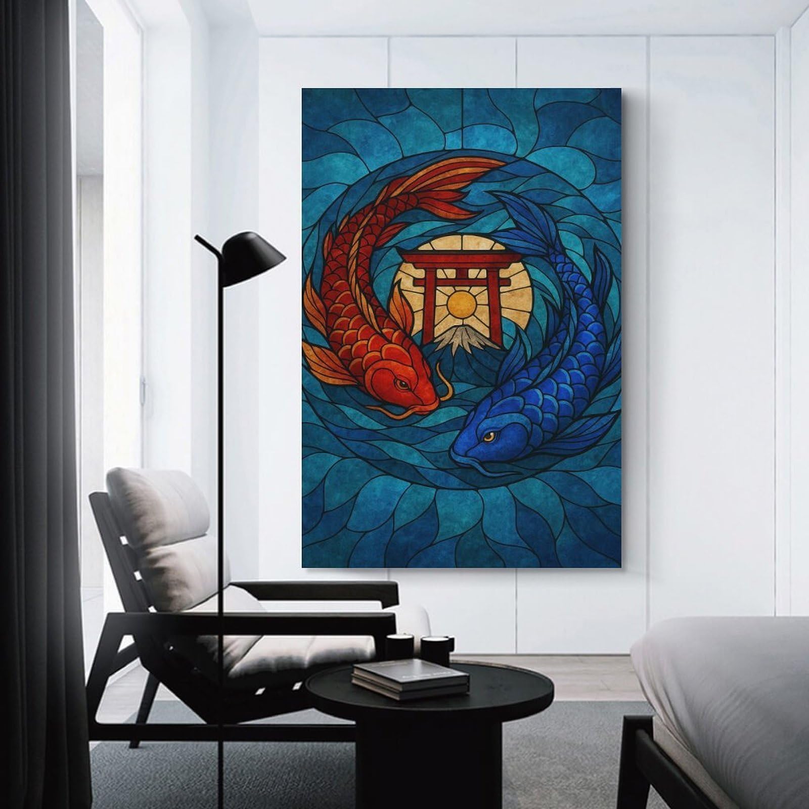 Junmoney Unframe-Style-21 Koi Fish Yin Yang Stained Glass Canvas Wall Picture, 24X36inch(60X90cm), For Study, Office Or Focused Interiors, Home Office Artwork With Decorative Appeal