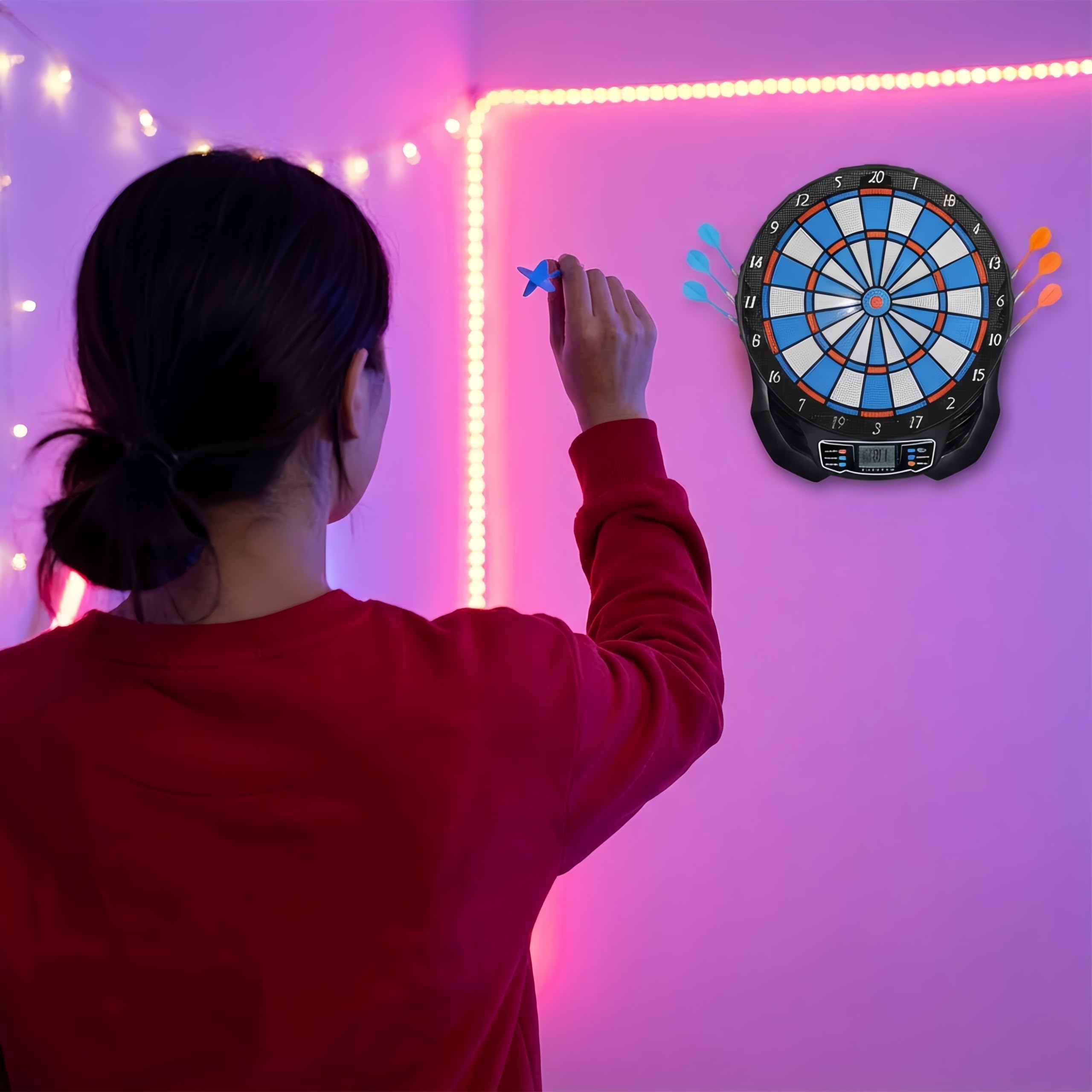 Elektronische Dartscheibe mit 2 Stromversorgungsmodi Dartboard mit 12 Darts,24 Ersatzspitze Dartscheibe Elektronisch mit 25 Spiele LED-Anzeigen,157 Variationen für 8 Spieler