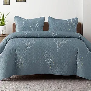 Exclusivo Mezcla Reversible Boho Quilt Set Queen Size, 3 Pieces Flowers Blue All Season Bedspreads, Ultra Soft Floral Coverlet Bedding Set with Printed Pattern (1 Quilt, 2 Pillow Shams)