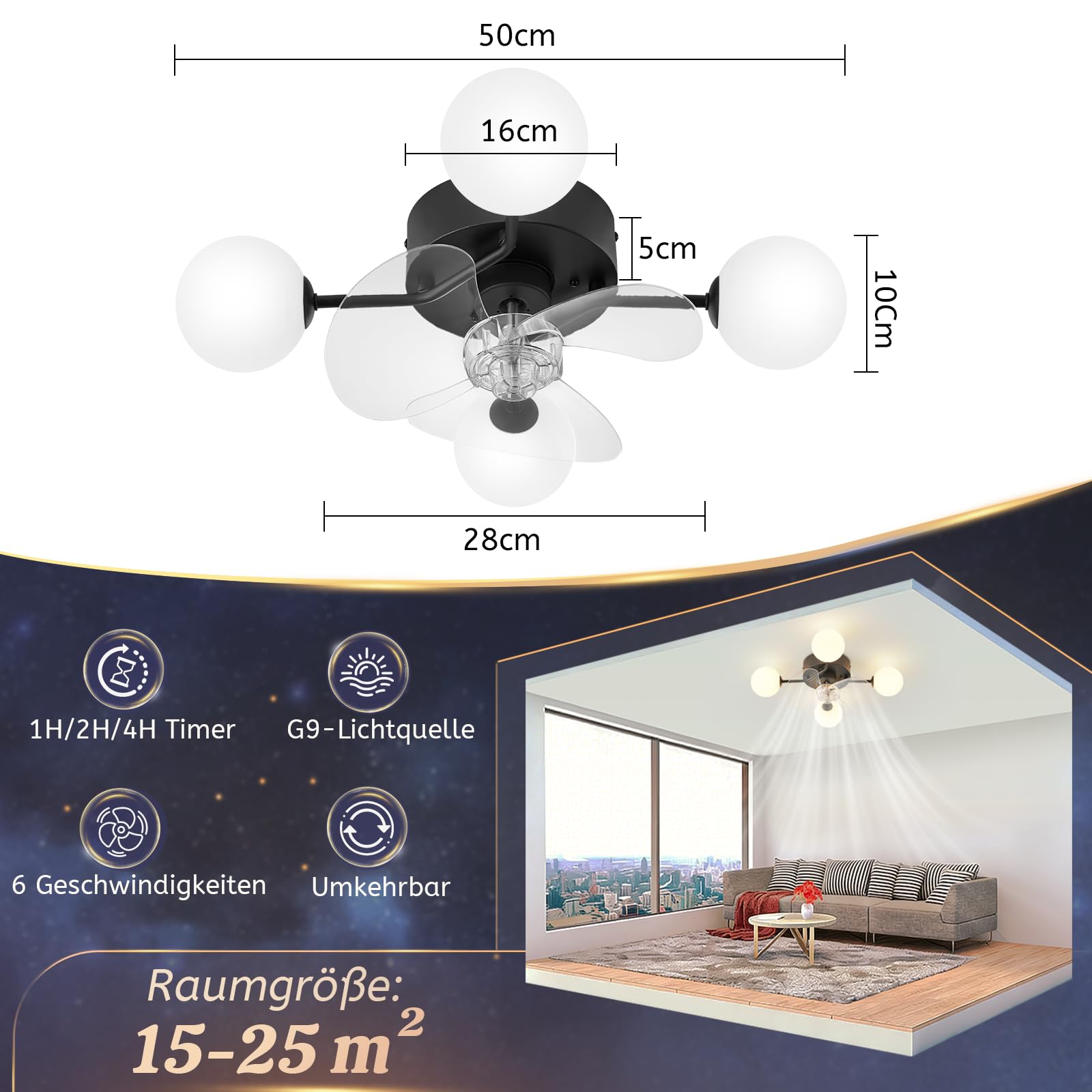 Homefire Deckenventilator G9 Kugel 4 Flammig Deckenlampe mit Ventilator | Leise Deckenventilatoren, 6-Gang Timer Schwarz Küche Lampe Mit Ventilator/Fernbedienung für Esszimmer - Ohne Leuchtmittel
