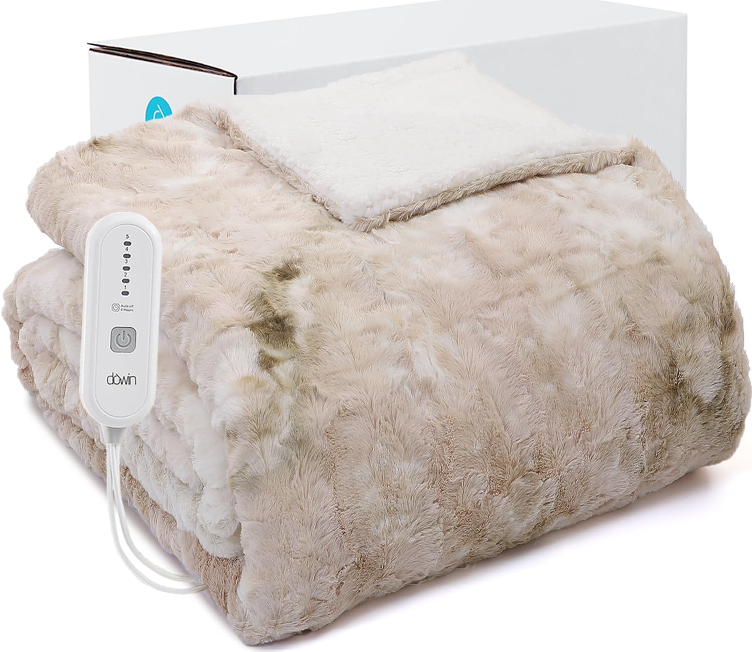 Dowin Electric Faux Fur Heated Blanket, 72"x84", Large with Single Controller, 5 Heating Levels & 10 Hrs Auto-Off, ETL & Machine Washable, Beige