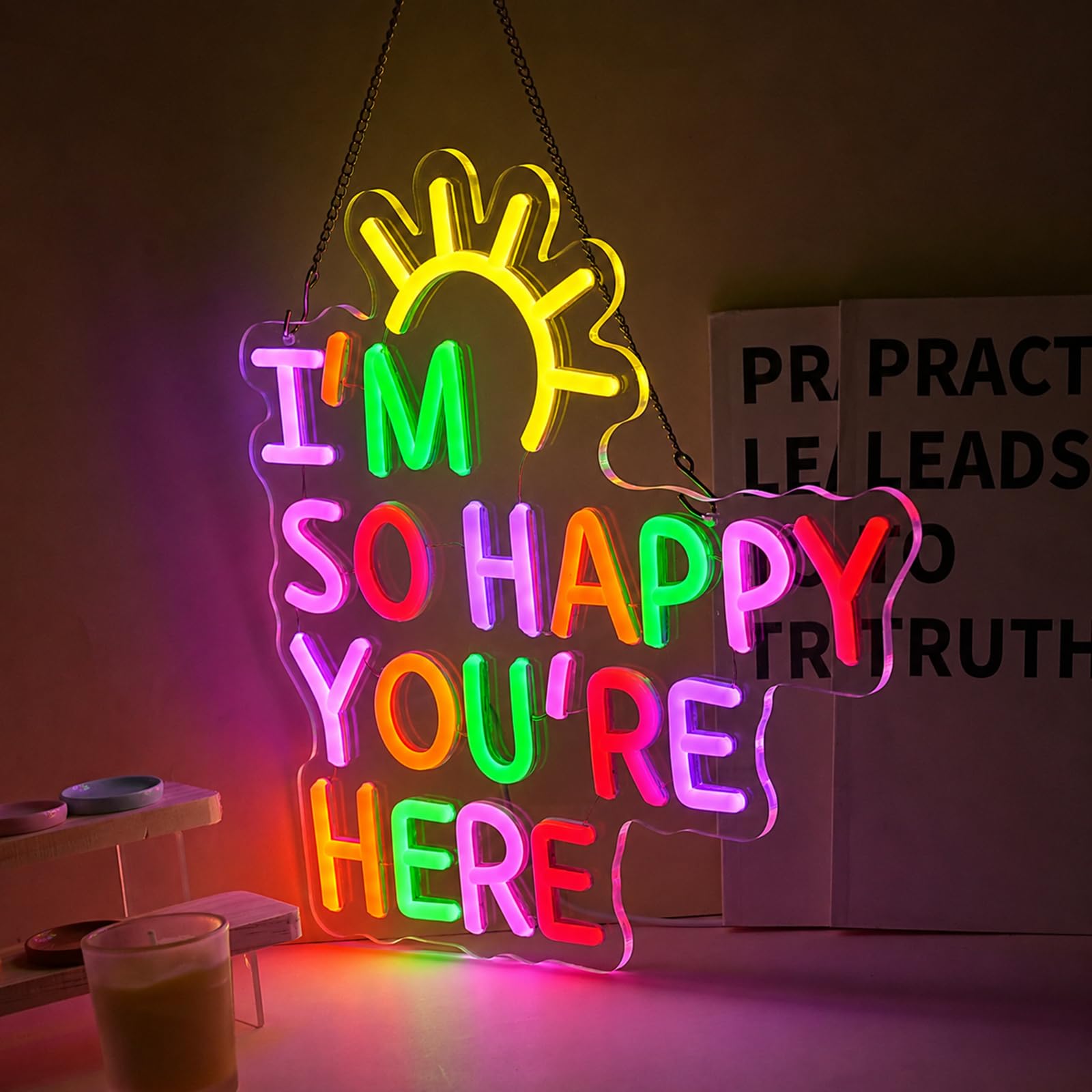 Cartello al neon con scritta "I'm So Happy You're Here", dimmerabile, lettera positiva, affermazione positiva, alimentata tramite USB, colorata, luce di benvenuto, per aule, matrimoni, feste, negozi