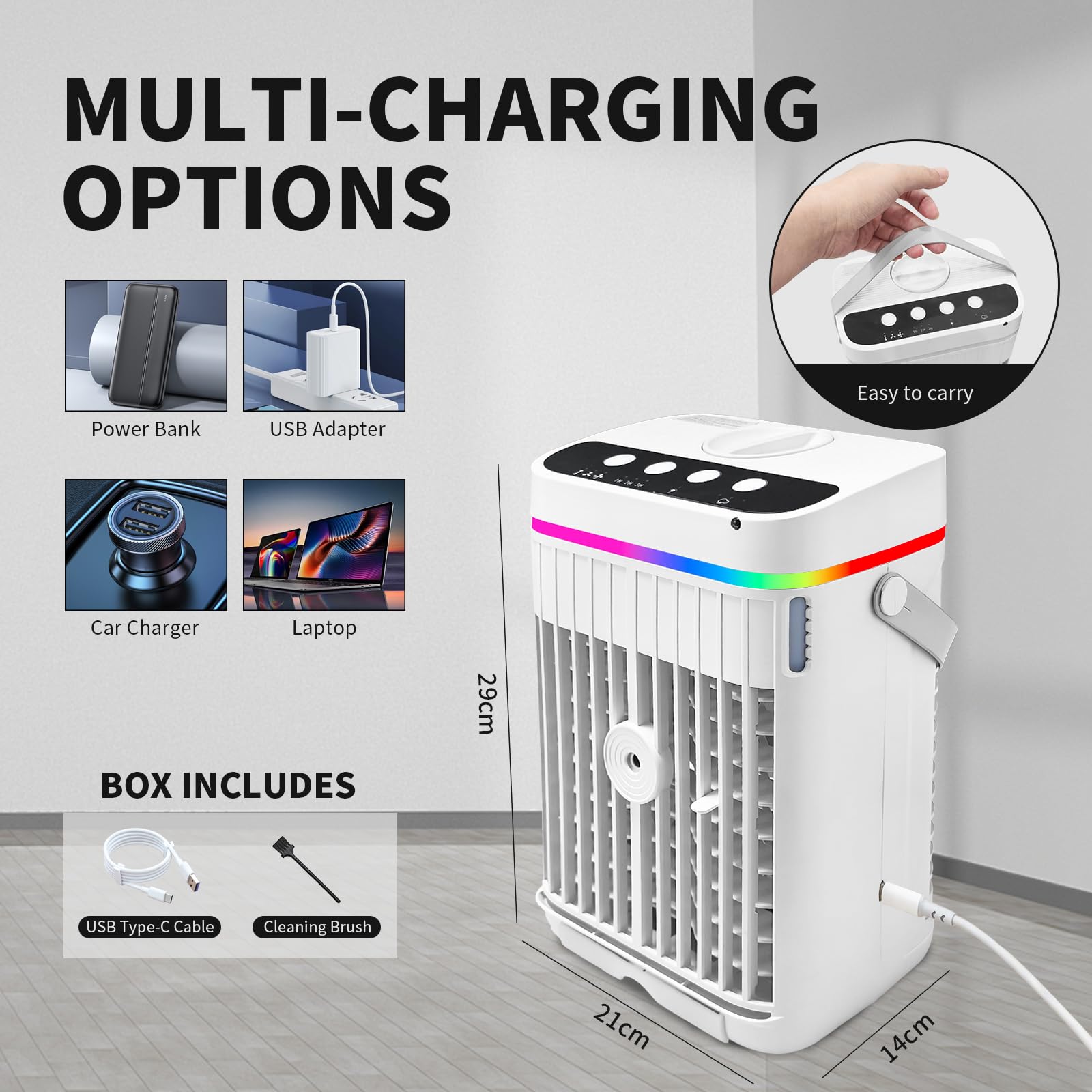 Aire acondicionado portátil, mini enfriador 4 en 1 con refrigeración rápida, función de niebla, luz LED, 3 velocidades y temporizador, ventilador USB silencioso para uso en verano