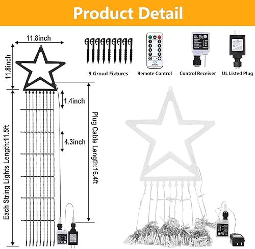 Miniatura 5 de Decute - Tira de luces navideñas con 8 modos, temporizador, control remoto, impermeable y 320 ledes para árbol de Navidad, interior, exterior,