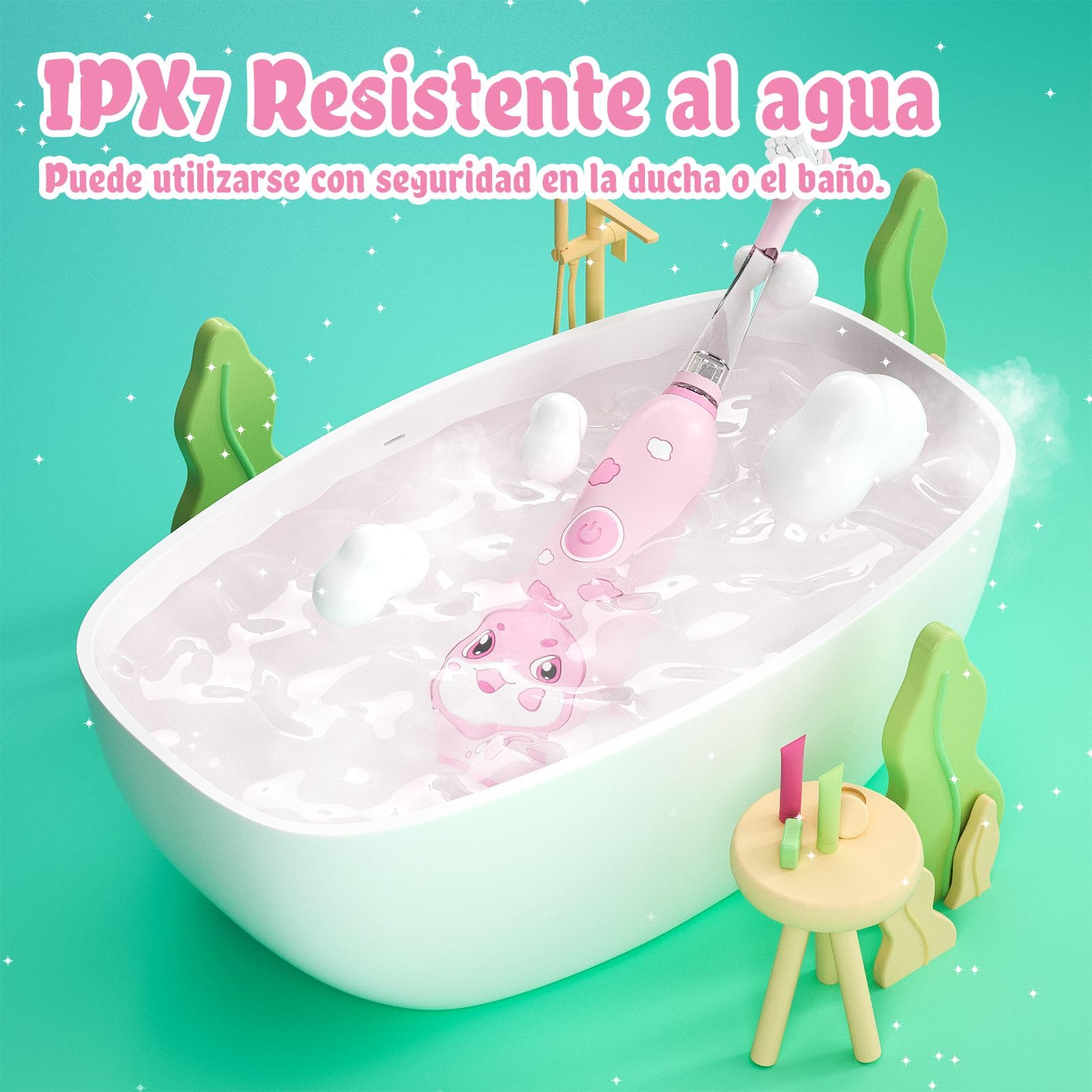 seago cepillo electrico infantil recargable, cepillo dientes bebe con luz LED, temporizador y 8 cabezal de recambio para niños mayores de 2 años, IPX7, SG2139(Rosa)