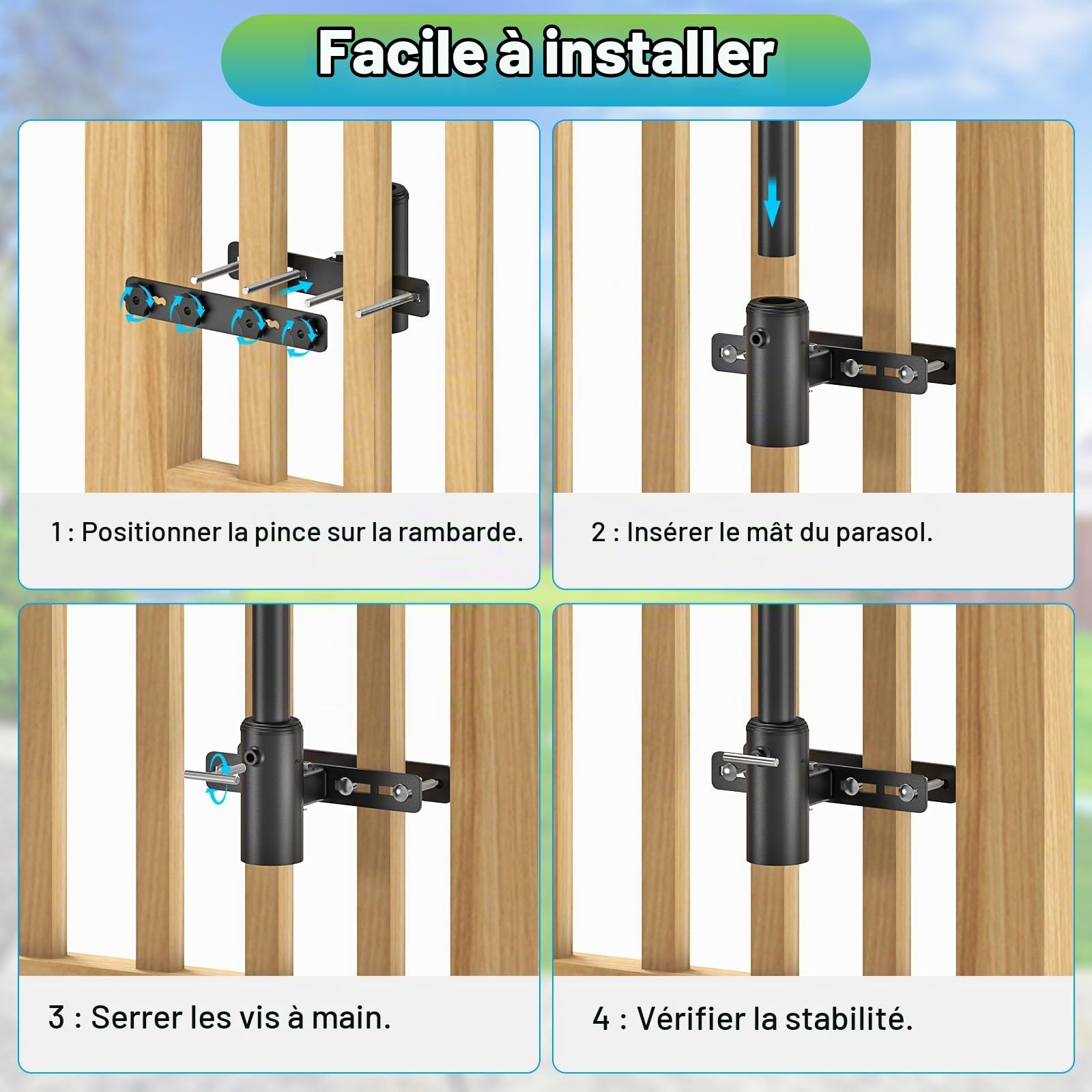 Dolibest Supports de Parasol Terrasse,2pcs Pince Parasol pour Balcon Umbrella Holder Tube Kit Fixation Jardin Arrière-Cour Gain de Place avec Manchon 3 Tailles pour Poteau 3-5cm,Rambarde Max 6.6x6.1cm