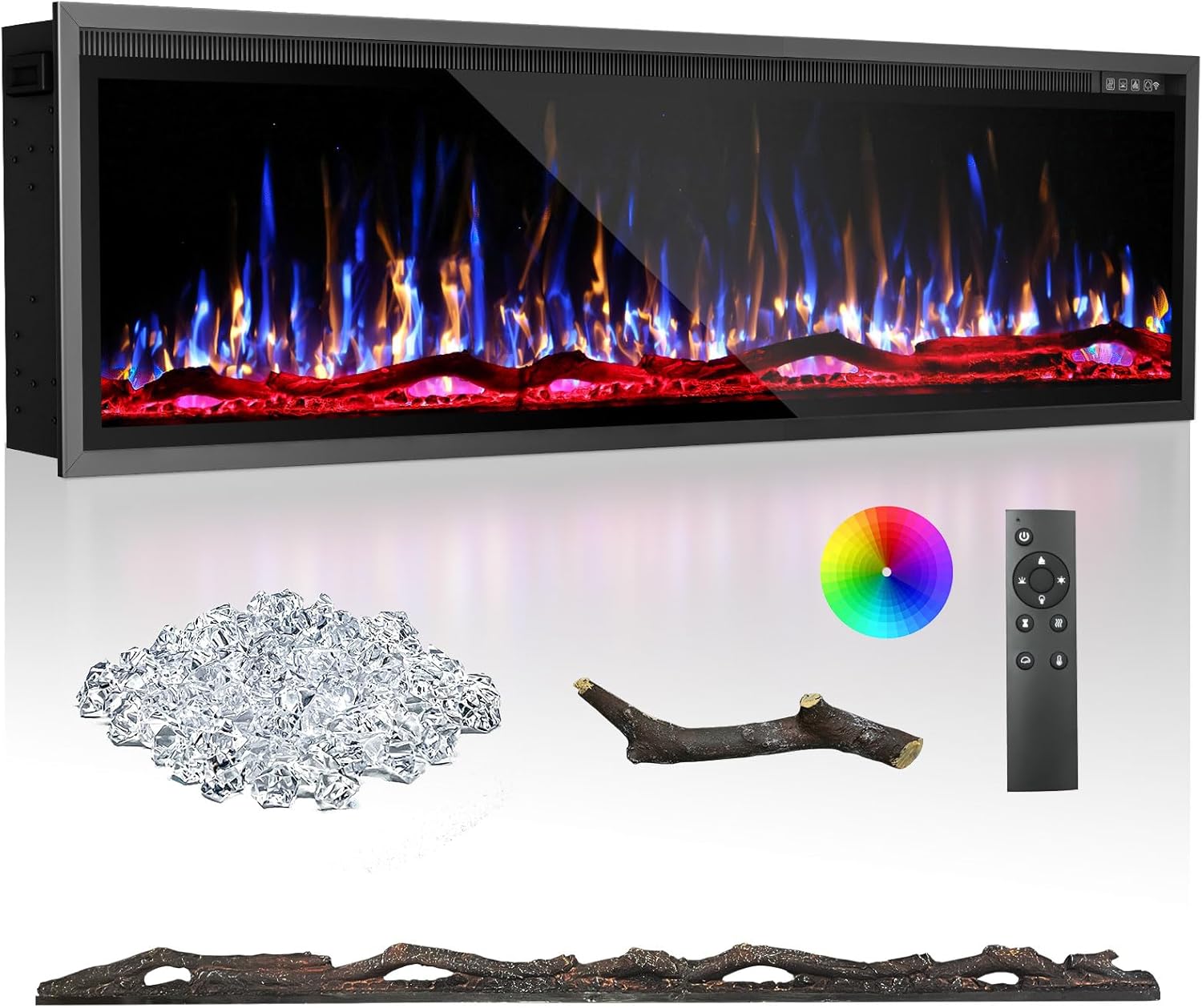 BREEZEHEAT 72 Inch Electric Fireplace-Recessed & Wall Mounted Linear Fireplace-750/1500W Heater w/Temperature Control, Log & Crystal Options, Adjustable Flame, Remote Control