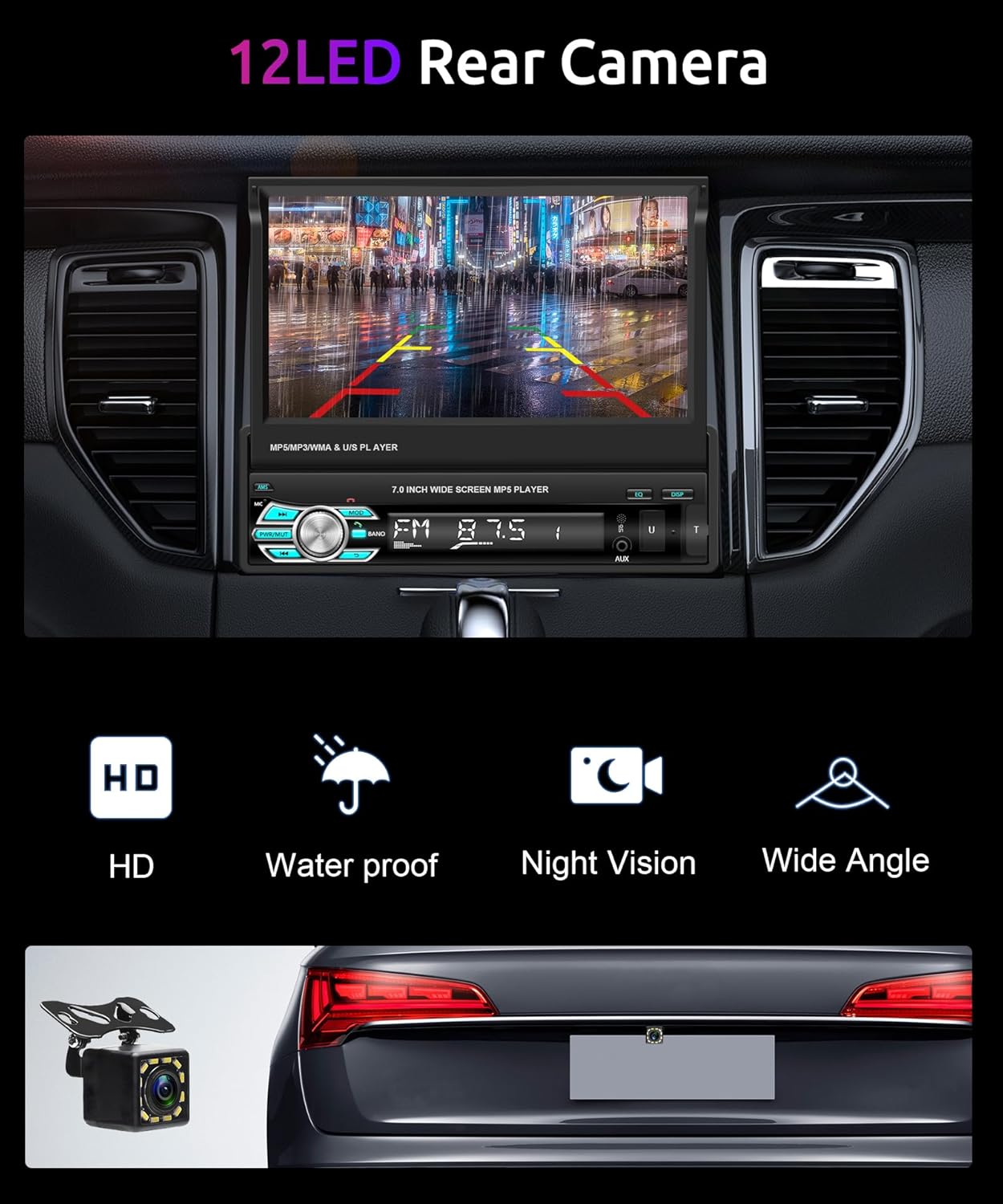 Image showing the car stereo display with a backup camera view and a separate image of the 12LED rear camera