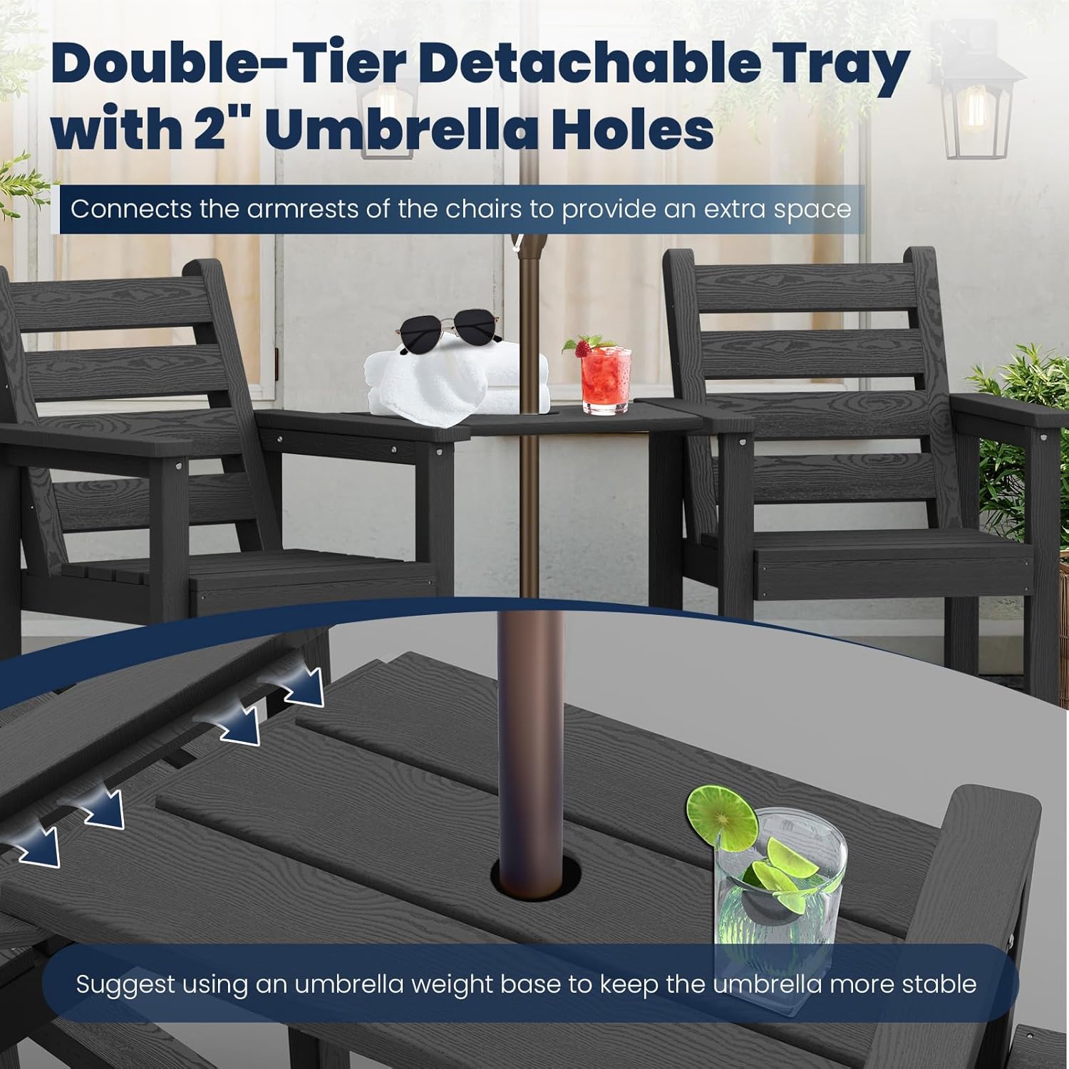 PLUUV Tall Adirondack Chairs Set of 2, All Weather HDPE Poly Bar Height Balcony Adirondack Chair with Removable Double Connecting Trays, Outdoor Adirondack Barstools for Deck, Patio, Yard, Pool, Lawn