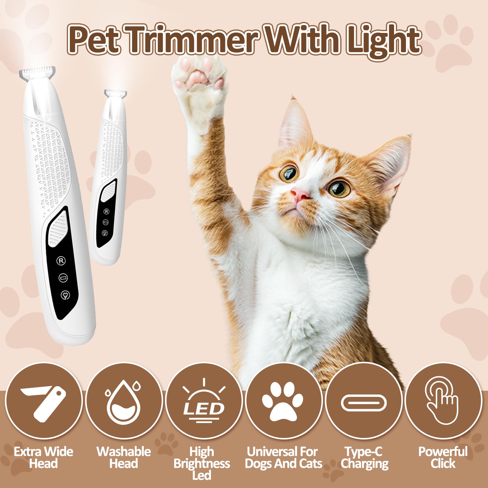Recortadora de patas para perros y gatos con luz LED – Cortapelos silencioso para mascotas, recargable, resistente al agua, con 2 cabezales de afeitado para patas, cara y orejas de gatos, animales