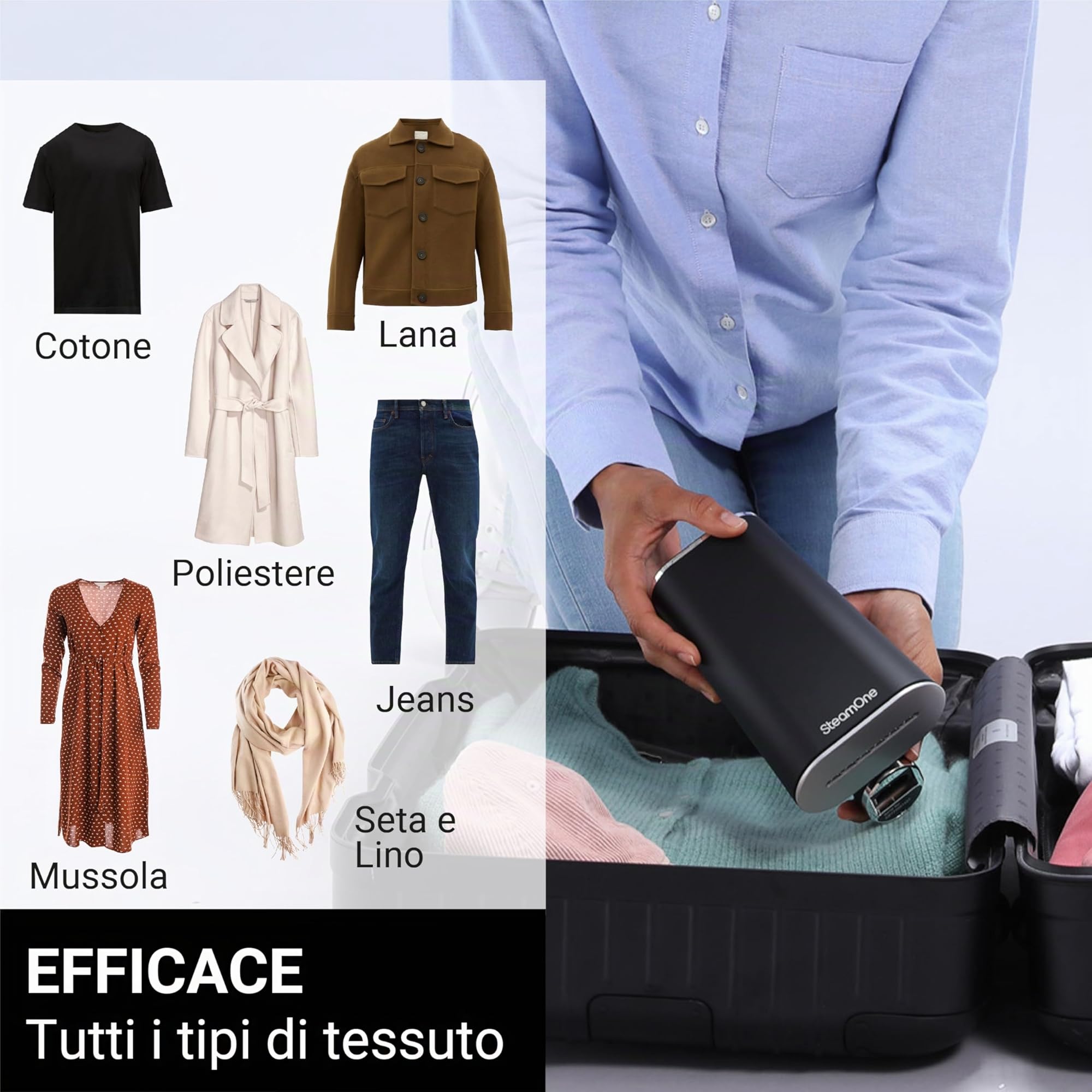 STEAMONE - Steamer Ferro da Stiro 2000 W 35 g/min - Ferro portatile - Capacità 80 e 150 ml- Elimine 99,99% di impurità - Pronto in 15s - Formato compatto - EUFD80BV2
