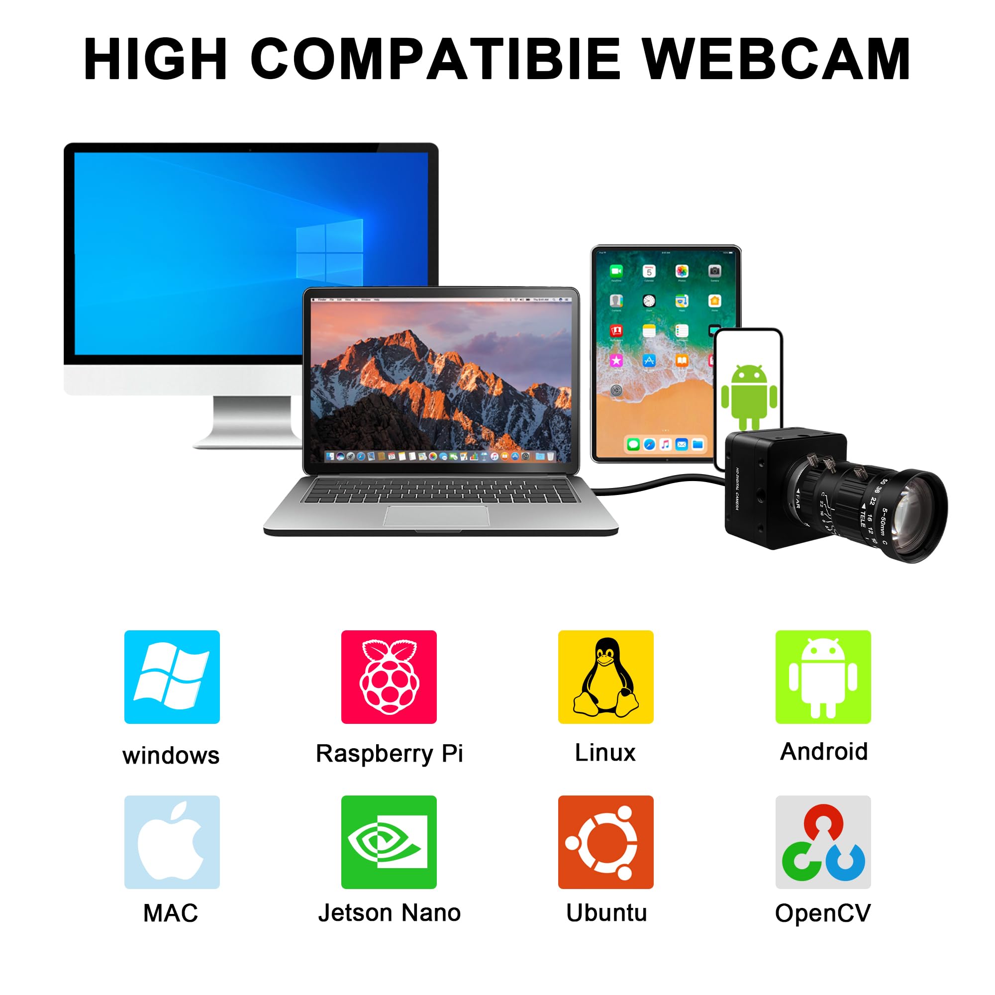 Svpro Fotocamera USB 3.0 da 20 MP, webcam ultra HD 5K con messa a fuoco manuale e obiettivo CS Mount da 5-50 mm, zoom ottico 10x, AR2020, fotocamera UVC ad alta risoluzione per computer e laptop