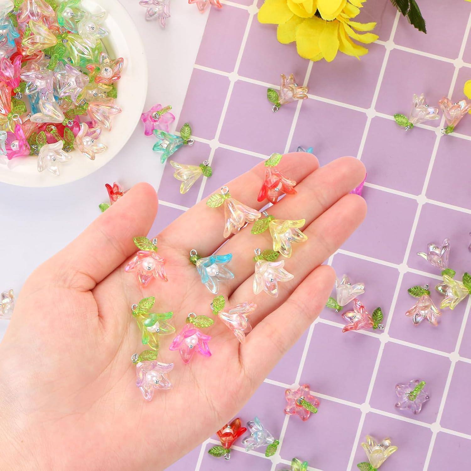 Flower Charms Pendants,BENOSPACE 40Pcs Acrylic Lily Flower Charms Silver Lily Floral Plastic Dangle Charm with Pearl Bead Hang Crafts Accessories DIY Necklace Bracelet Earring Jewelry Making Decoration - Image 4