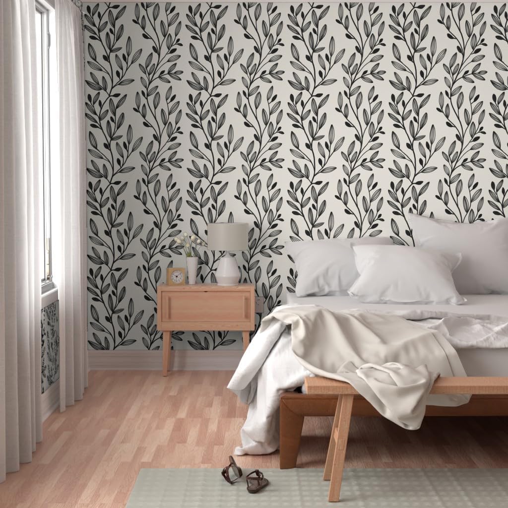 Removable Wallpaper Swatch - Black Vines Vintage Leaves Floral Custom Pre-Pasted Wallpaper by Spoonflower