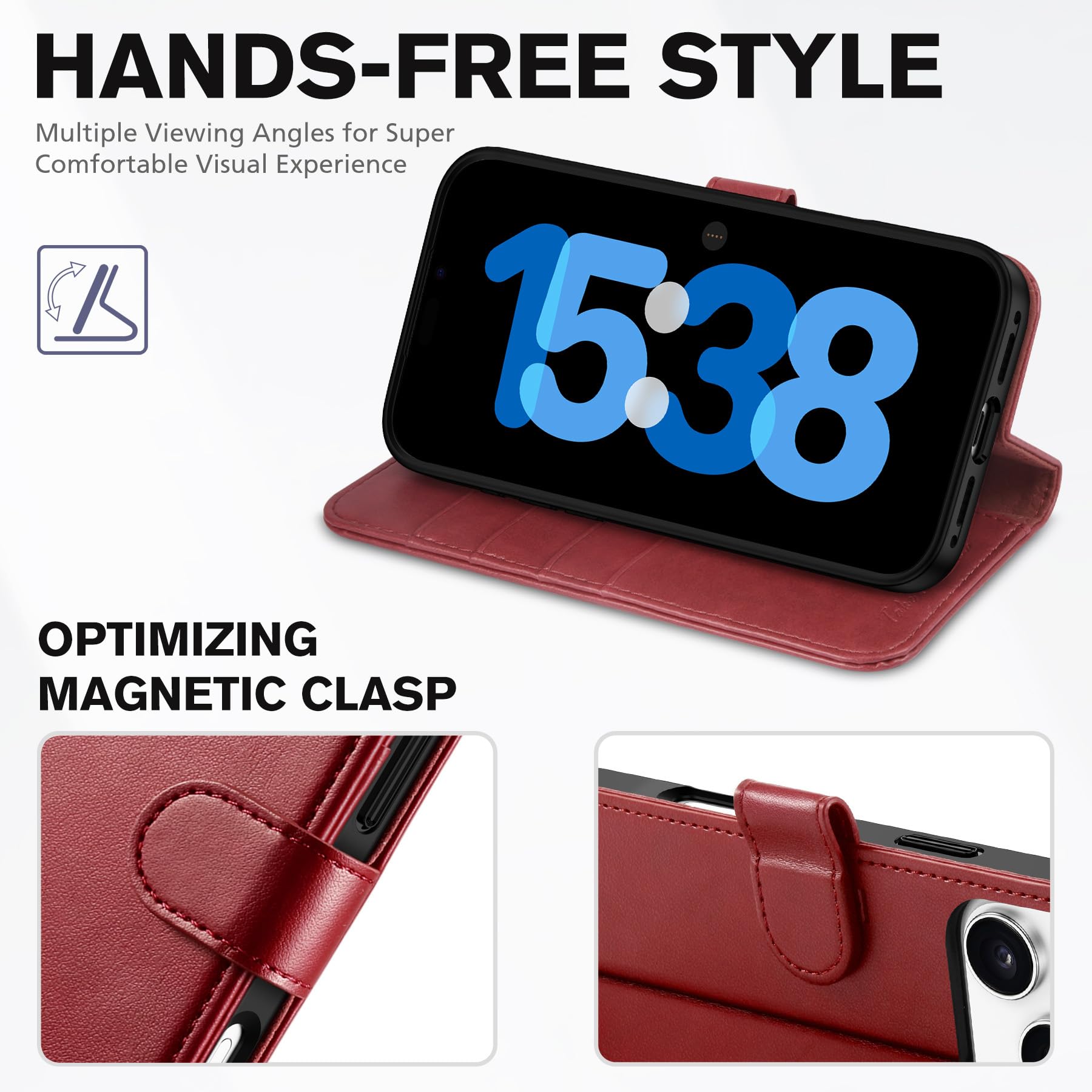 TUCCH Funda para iPhone 17 Pro MAX 6,9-Pulgadas 5G 2025 Bloqueo RFID Cartera | Funda Cuero PU Cáscara TPU A Prueba de Golpes Ranura Tarjeta Soporte Plegable Cover Libro Cierre Magnético, Rojo Oscuro