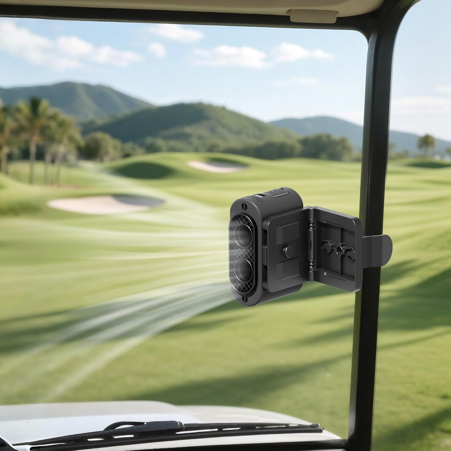 Rechargeable Golf Cart Fan, 14500mAh Battery Powered, 35Hrs Cooling, 5 Powerful Speed & LED Lantern, Dual Head Strong Clip Compatible with EZGO Club Car Yamaha, Golf Cart Push Cart Accessories