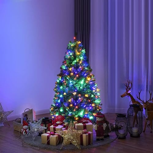 Miniatura 3 de HAPPYGRILL Árbol de Navidad preiluminado de 4 pies con 300 puntas de ramas de PVC y base plegable, árbol de Navidad artificial de abeto prémium con