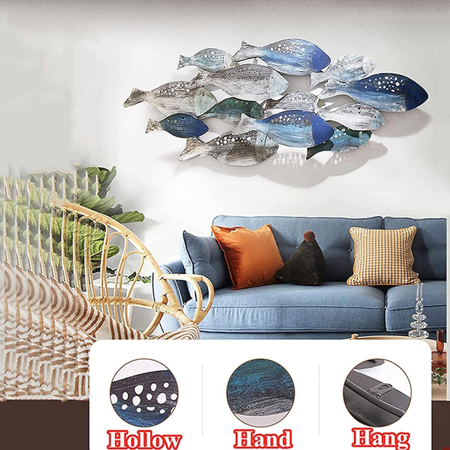 Dekoracje Ścienne Przybrzeżna Oceaniczna Metalowa Ryba Dekoracje Ścienne Rzeźba Ścienna Ręcznie Malowana Wisząca Dekoracja Do Salonu Sypialnia Ozdoby Domowe(126 * 53cm)