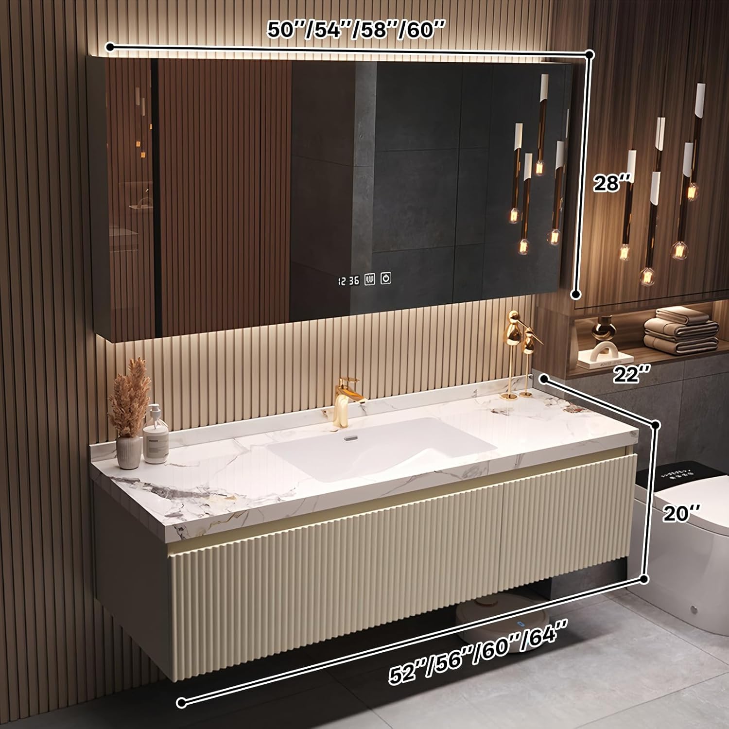 Floating Vanity for Bathroom, 60" Single Sink Bathroom Vanity with Rectangle Smart Defogging Mirror Set, Solid Wood Fluted Bath Sink Cabinet with Storage Drawer, Faucet Included